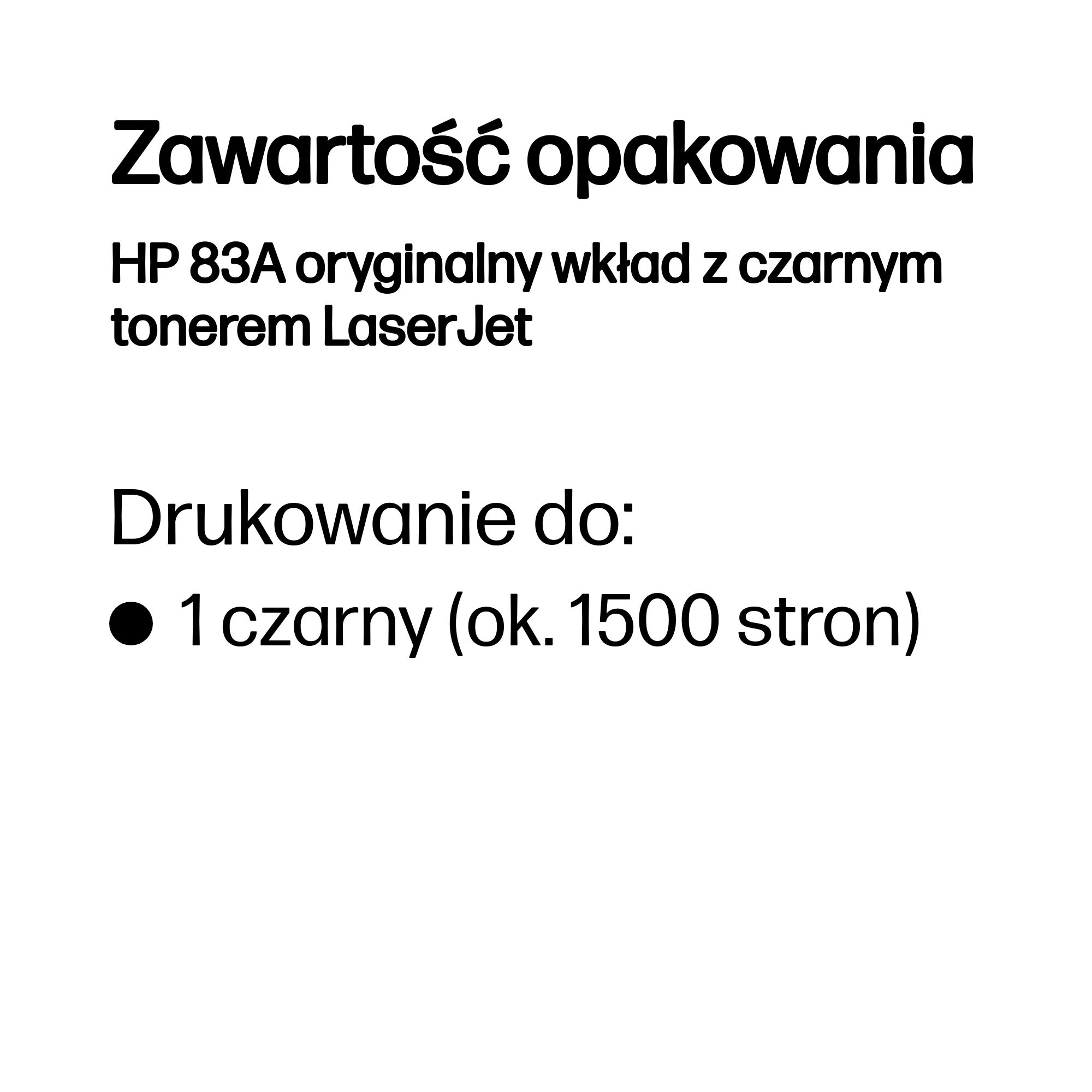 Zawartość opakowania: czarny wkład tonera HP 83A LaserJet.