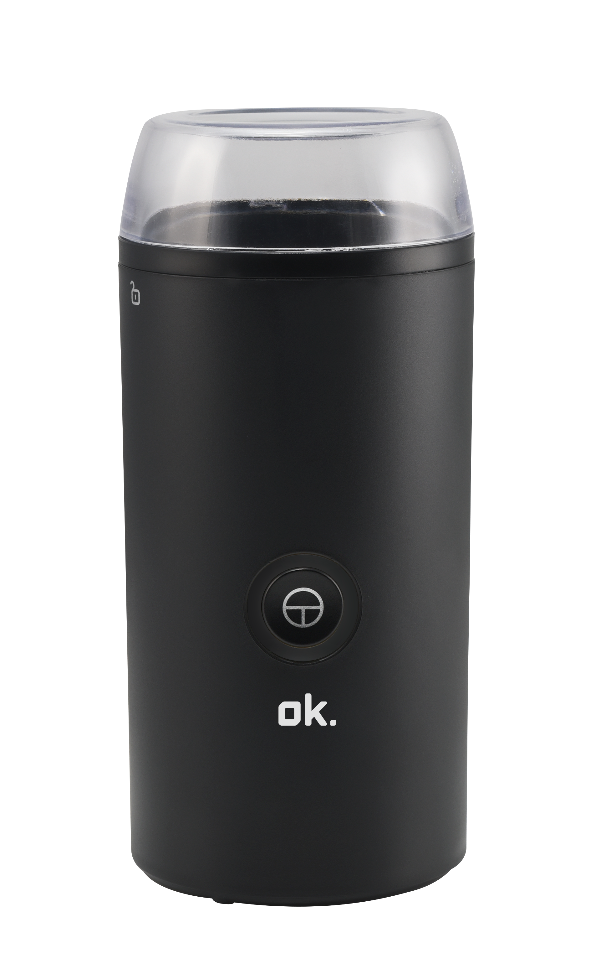 Czarny elektryczny młynek do kawy z przezroczystą pokrywką i srebrnym przyciskiem.