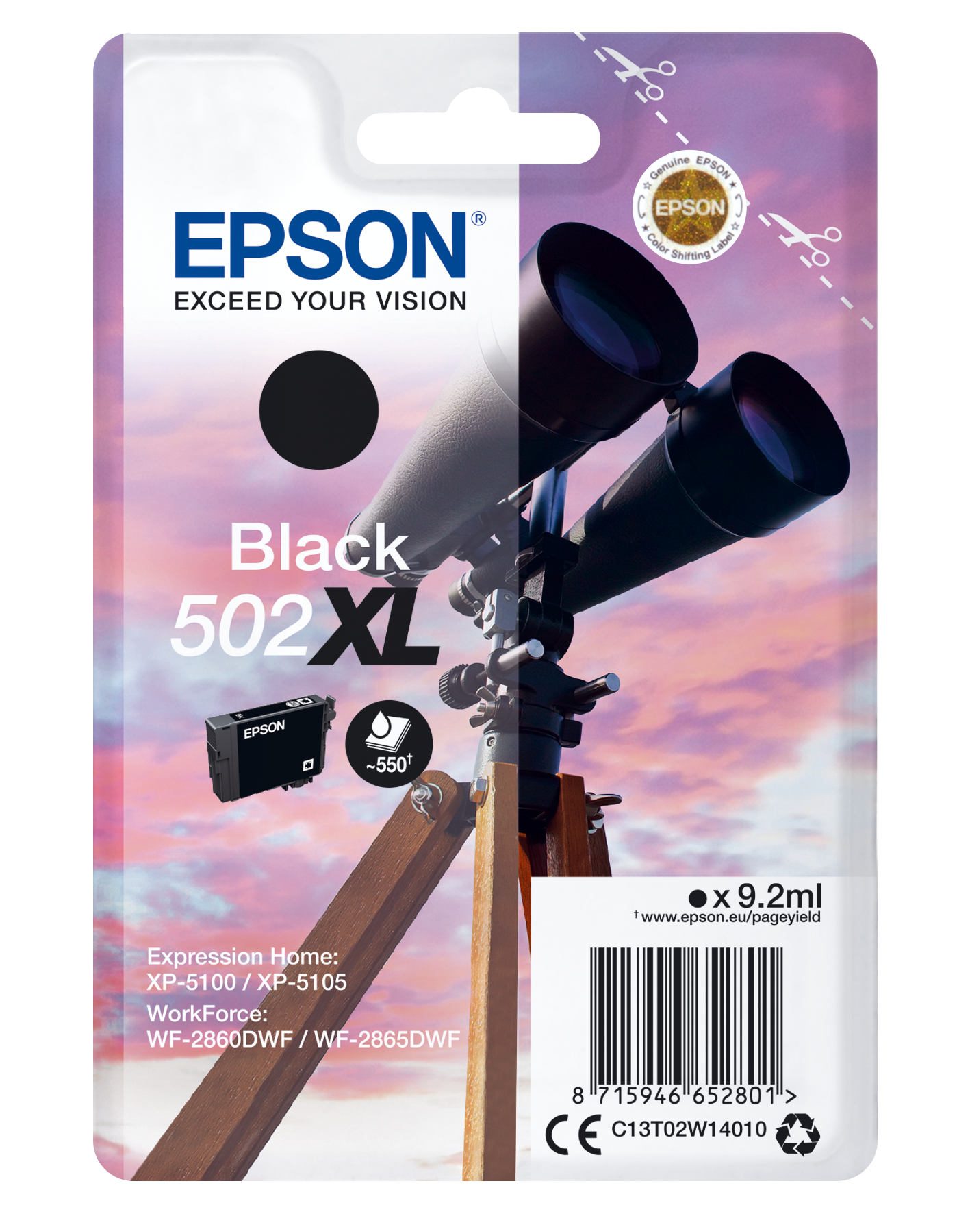 Czarny tusz Epson 502XL z teleskopem i niebem w tle.