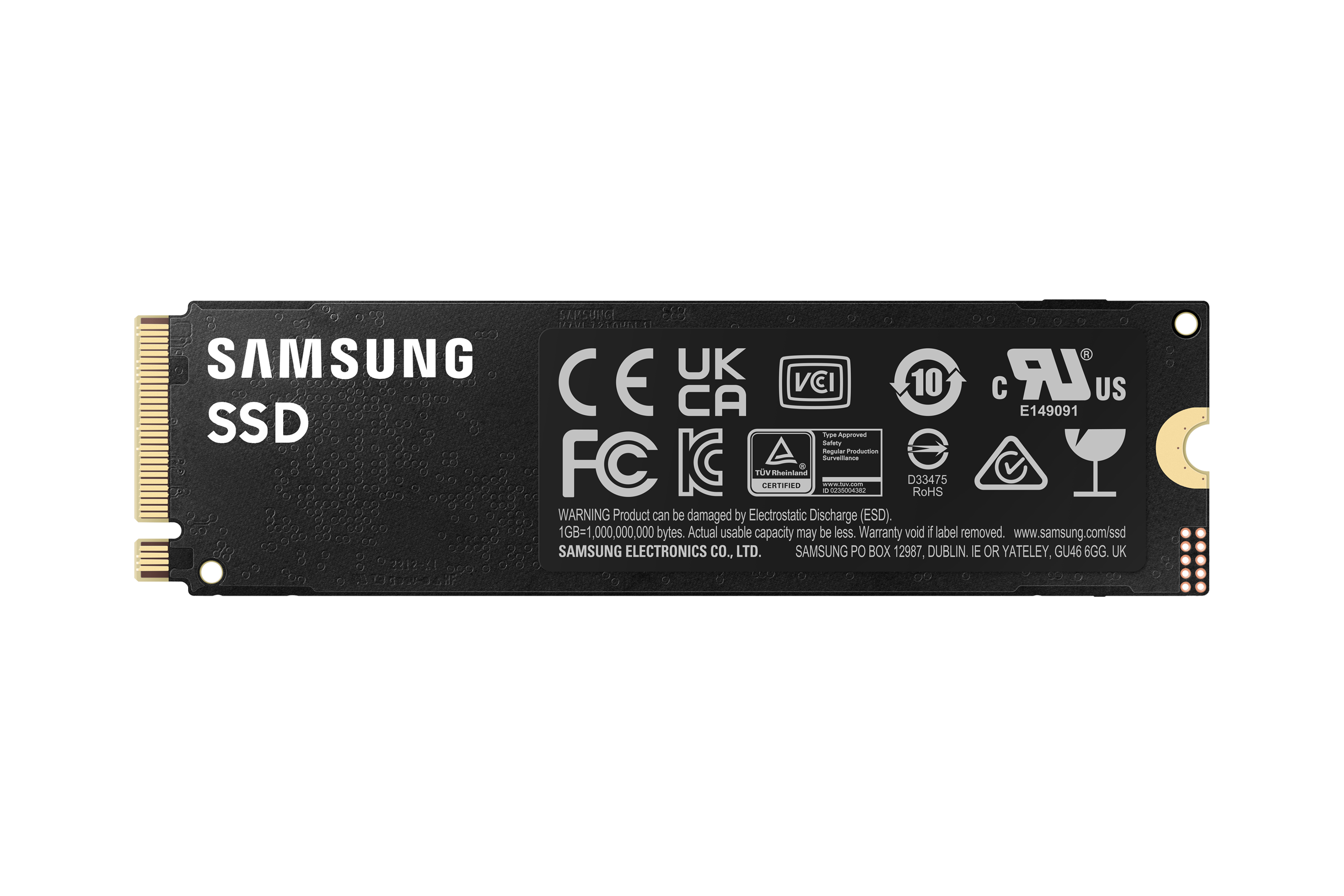 Dysk SSD Samsung z logo CE, UKCA, VCI, 10, CUS, FC, TÜV i RoHS.
