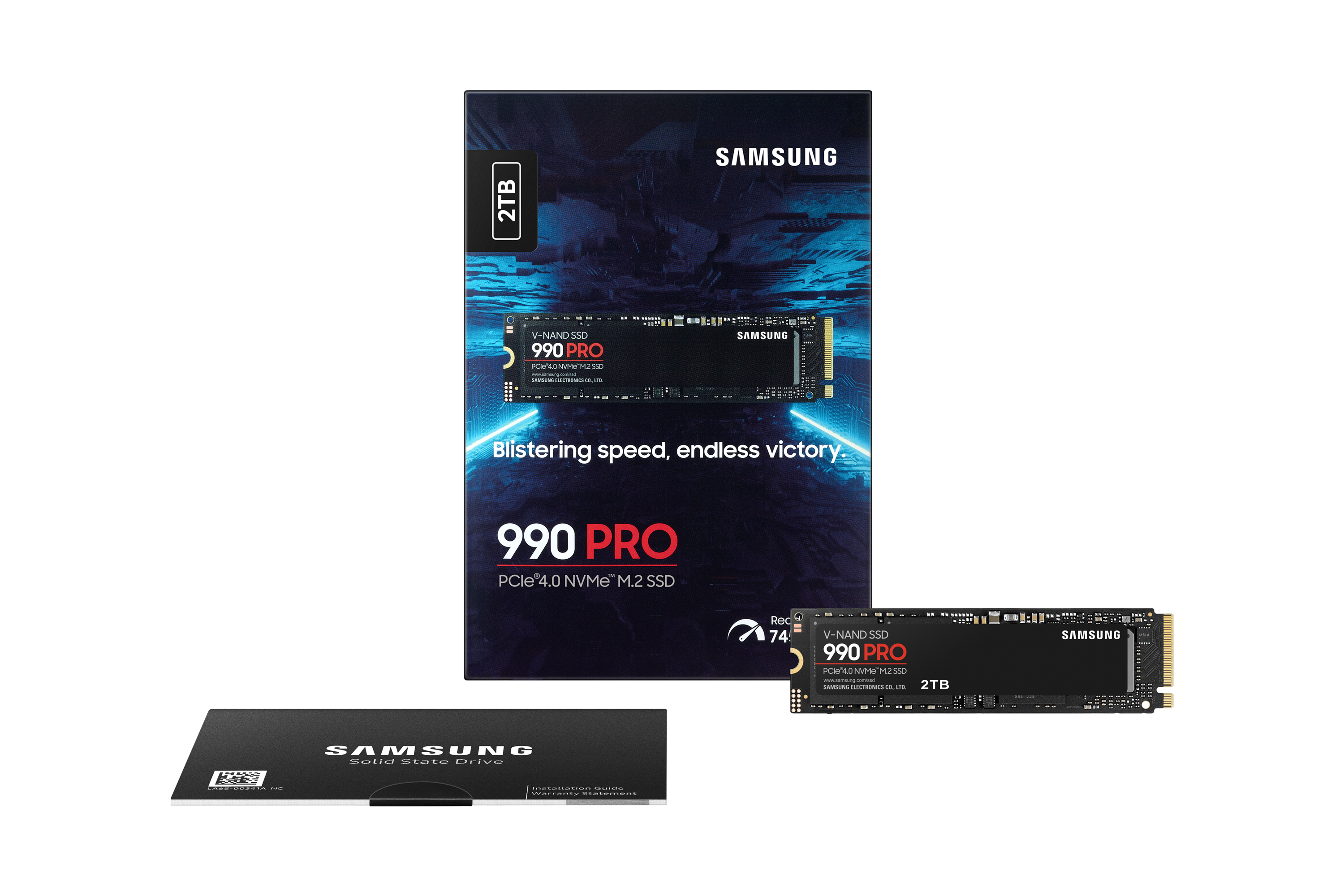 Dysk SSD Samsung 990 Pro 2TB, PCIe 4.0 NVMe M.2, z opakowaniem i poszczególnymi elementami.