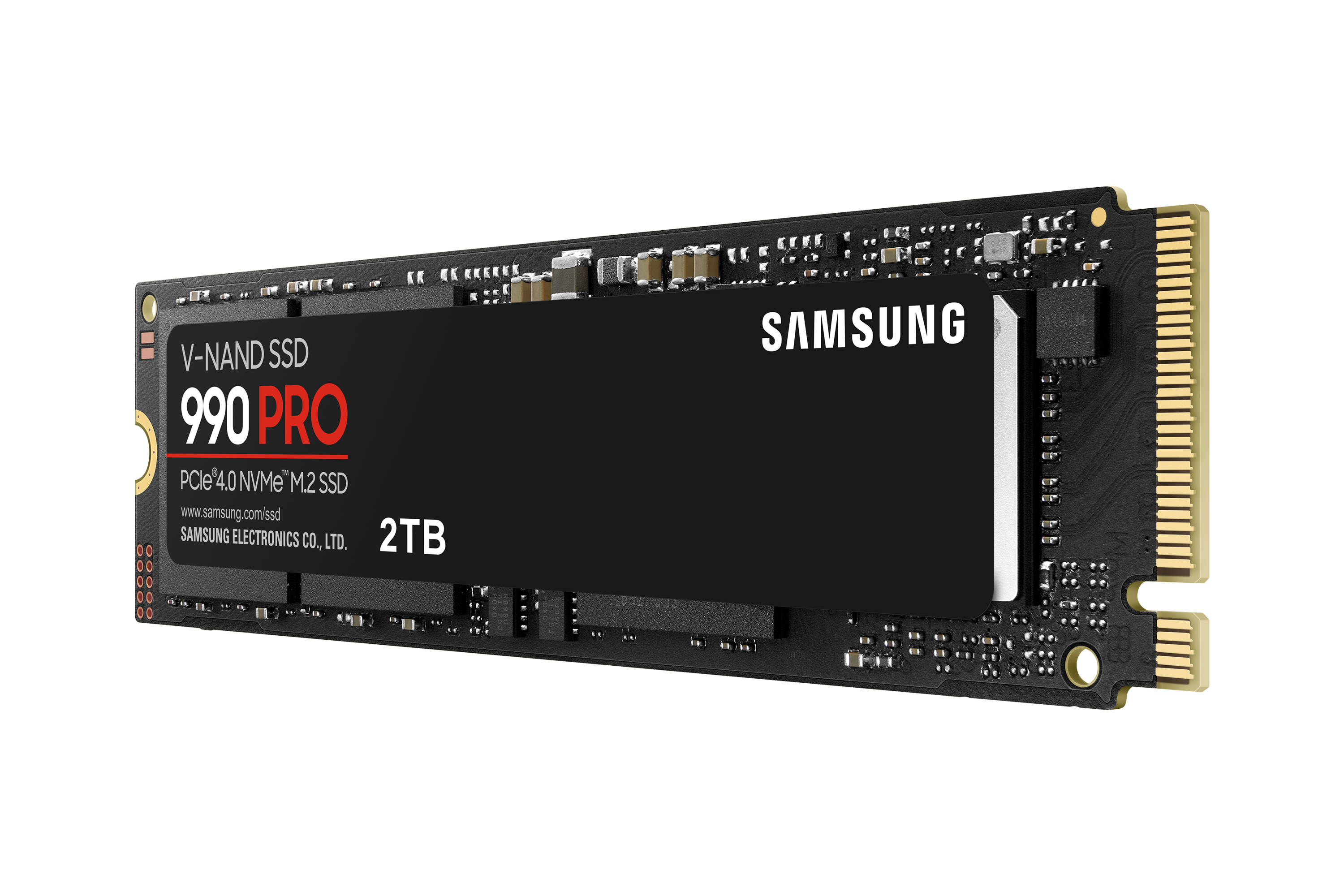 Dysk SSD Samsung 990 Pro 2TB M.2 NVMe z PCIe 4.0 na czarnym tle.