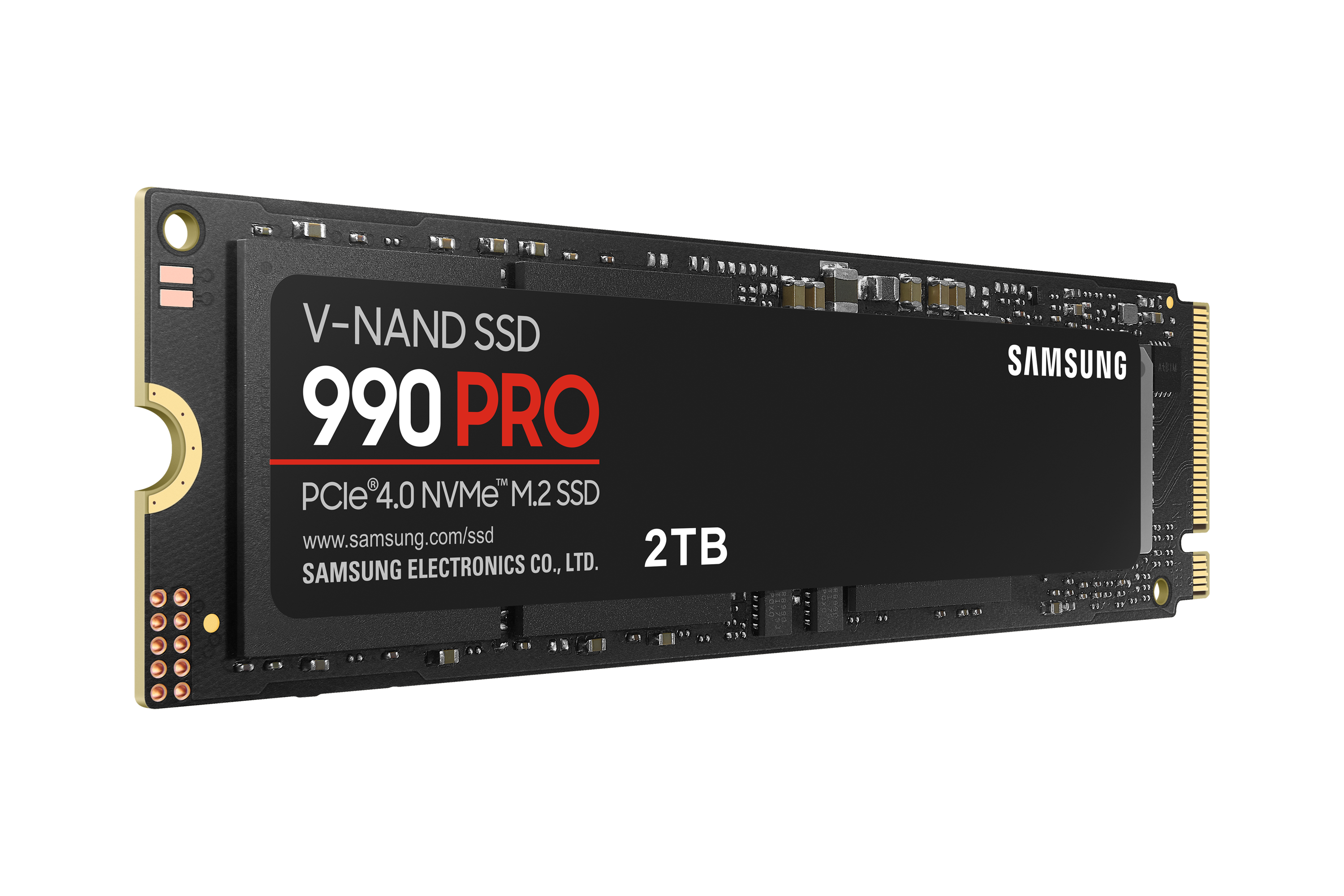 Dysk SSD M.2 Samsung 990 Pro 2TB z technologią PCIe 4.0 NVMe na czarnym tle.