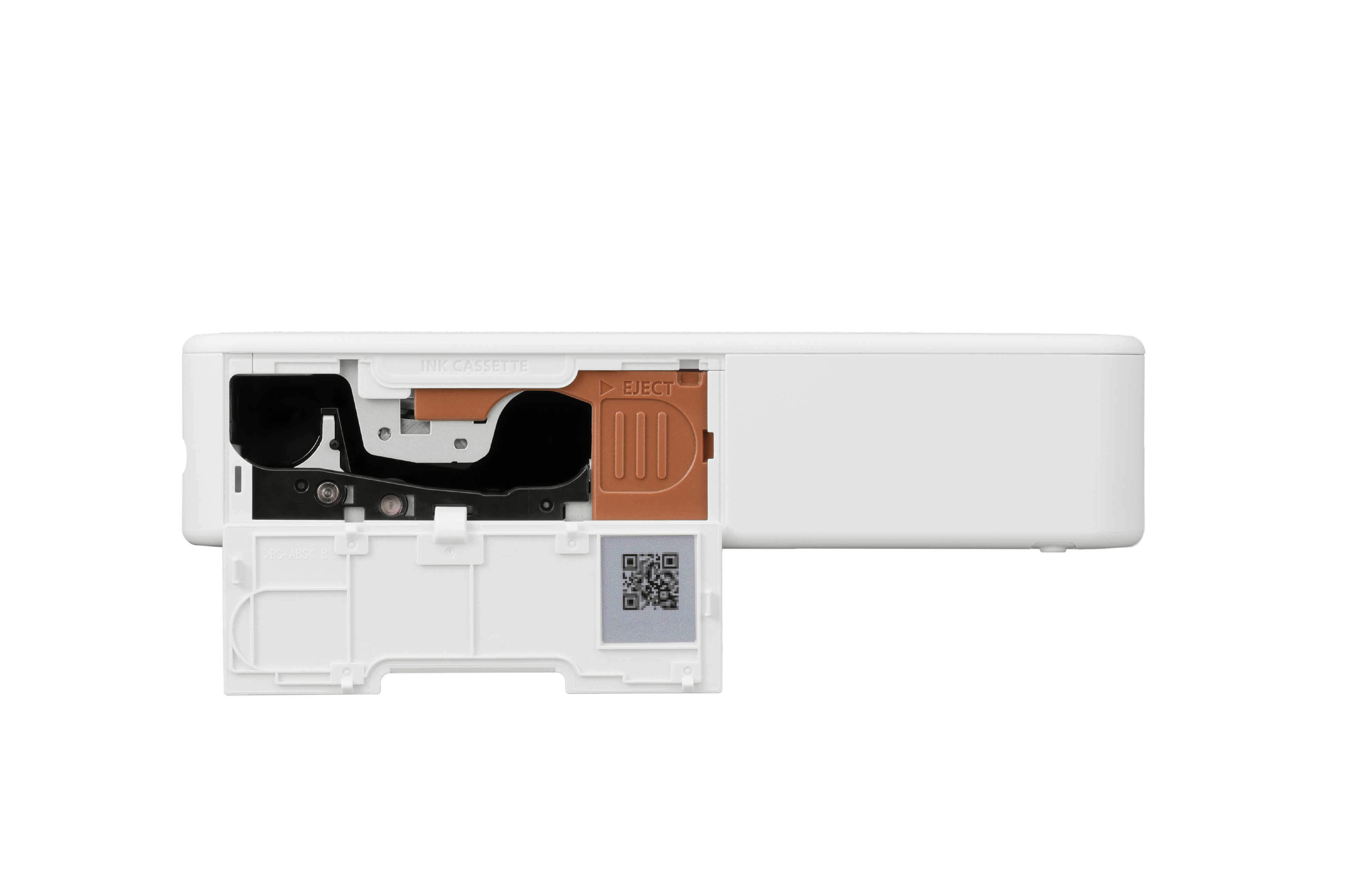 Biała drukarka z otwartą klapką ukazującą kasetę z tuszem i kod QR.