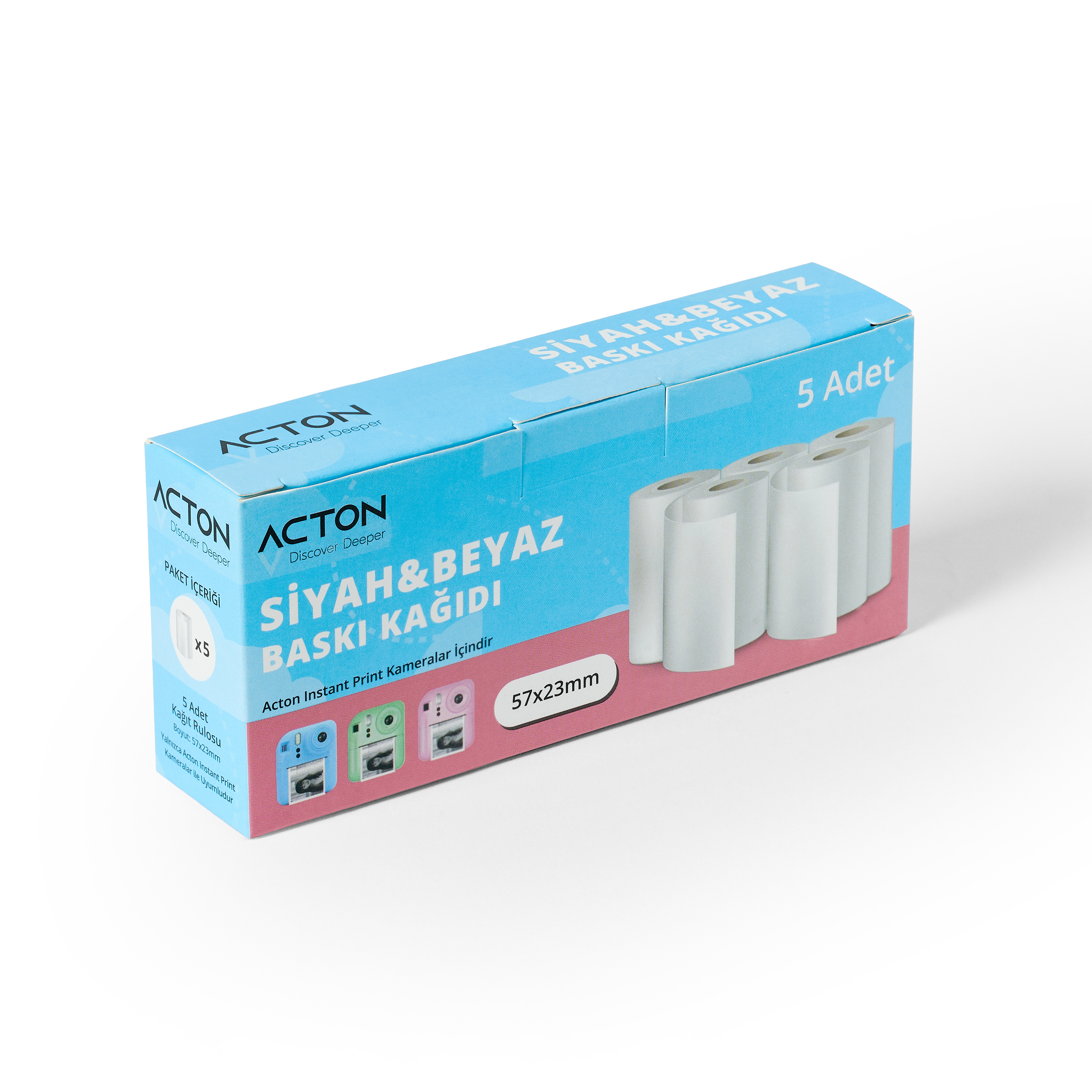 Acton kameralar için 5'li siyah-beyaz baskı kağıdı rulosu kutusu.