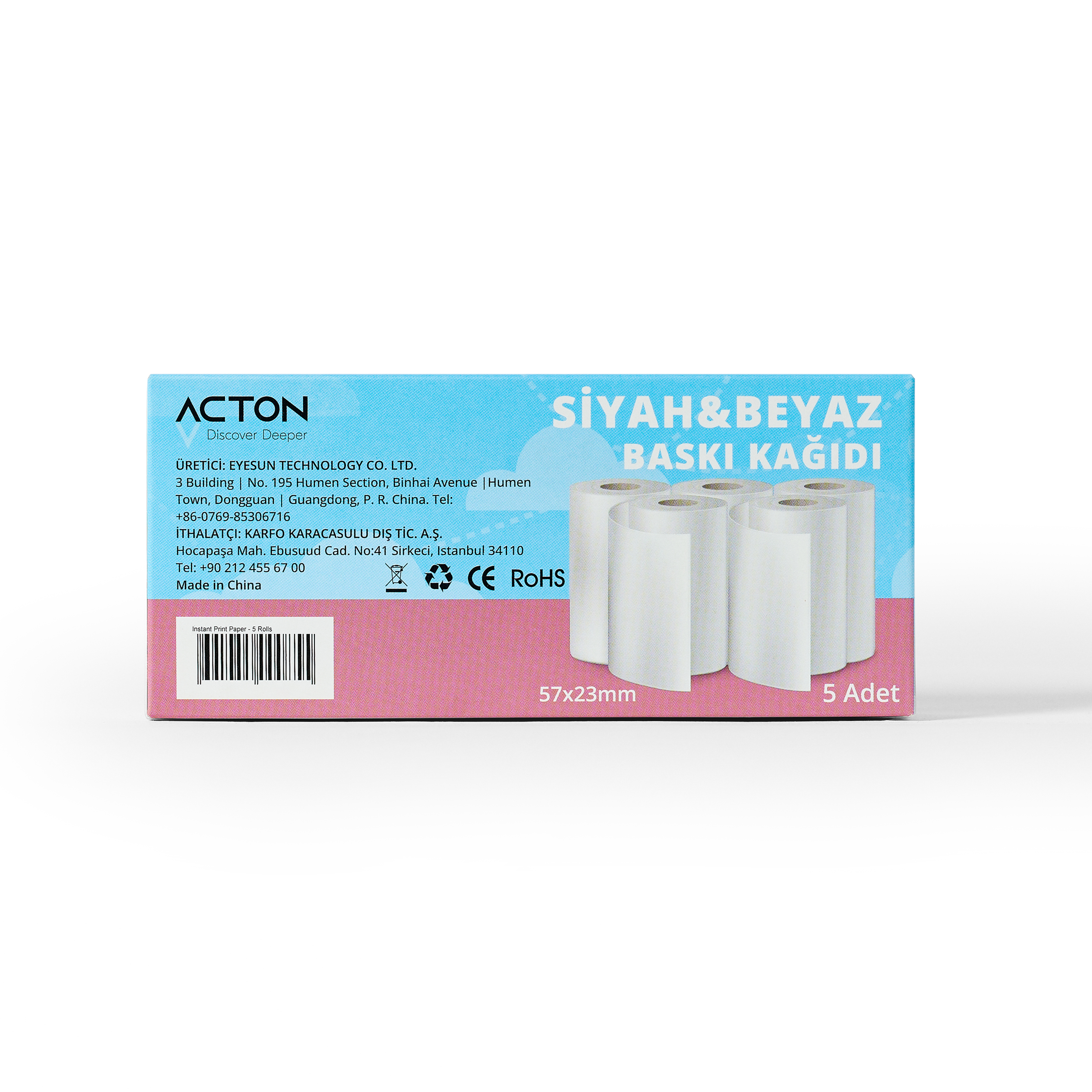 5 adet ACTON marka termal kağıt rulosu paketi, 57x23mm.