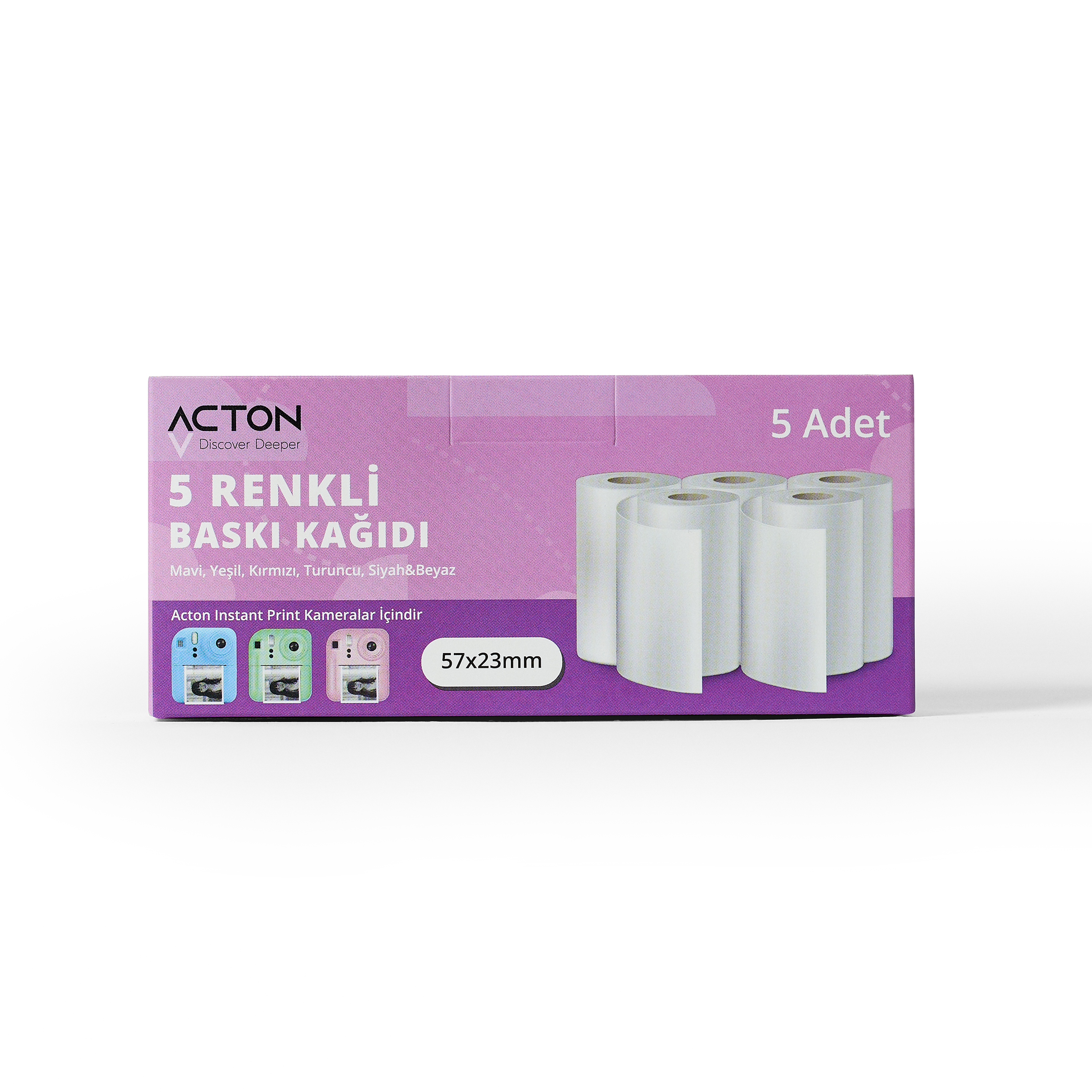 Acton anlık kameralar için 5 adet renkli baskı kağıdı rulosu.