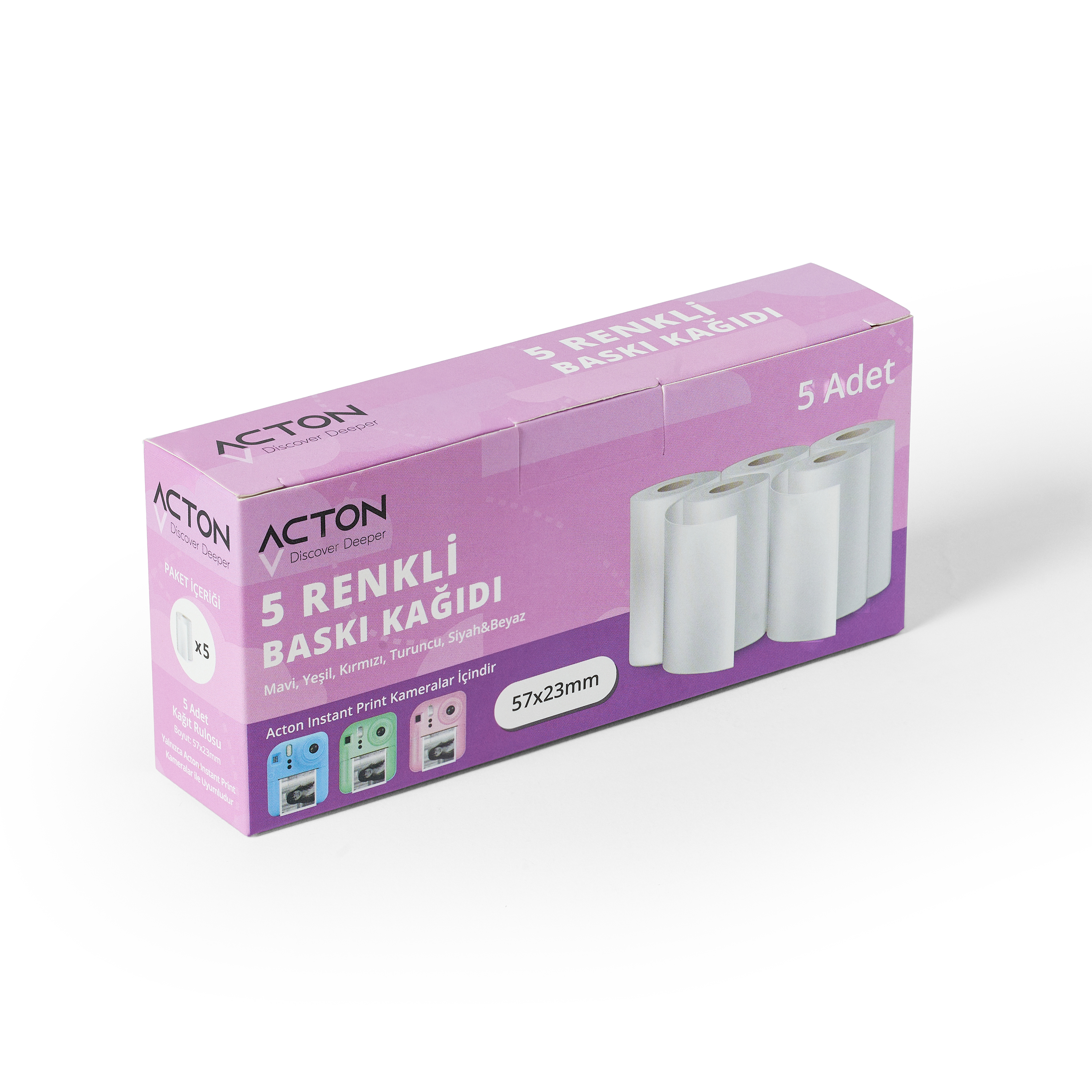 Anında fotoğraf makineleri için 5'li Acton baskı kağıdı rulosu, 57x23mm.