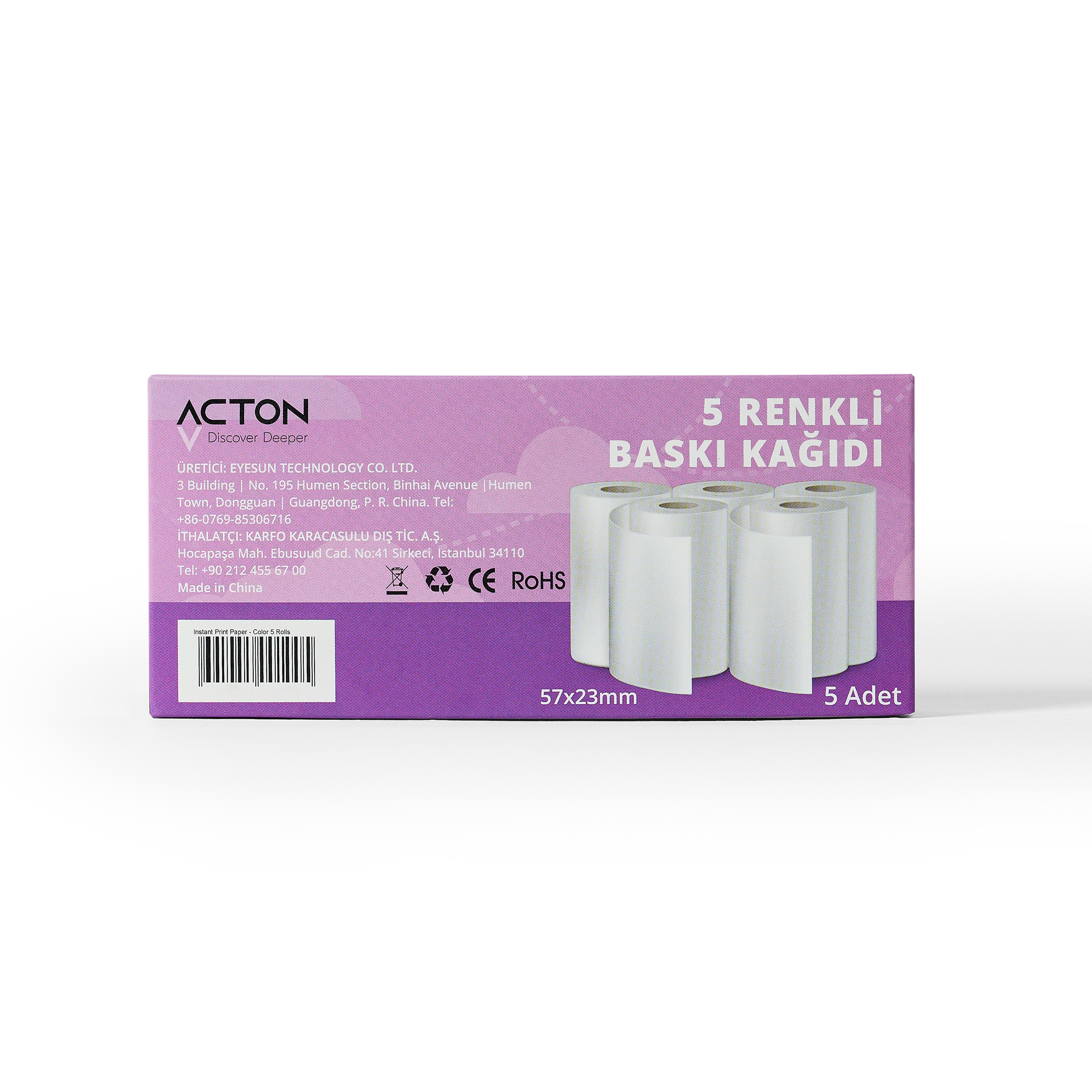 5 adet renkli baskı kağıdı rulosu içeren paket, 57x23mm.