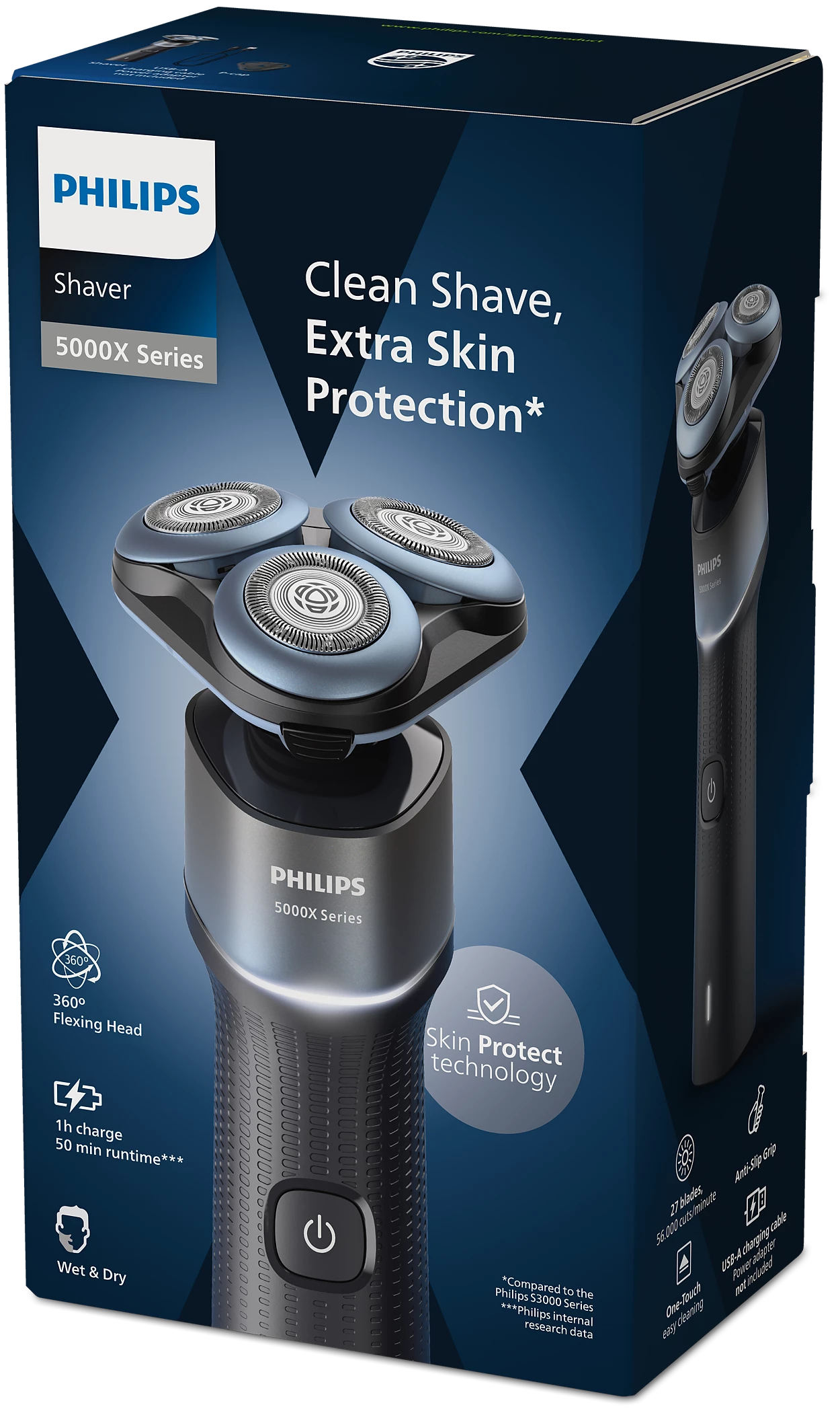 Verpackung eines Philips 5000X Rasierers mit Nahaufnahme des Scherkopfes und des Griffs.