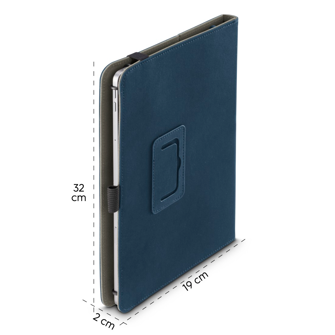 Sötétkék tablet tok fogantyúval, méretek: 32x19x2 cm.