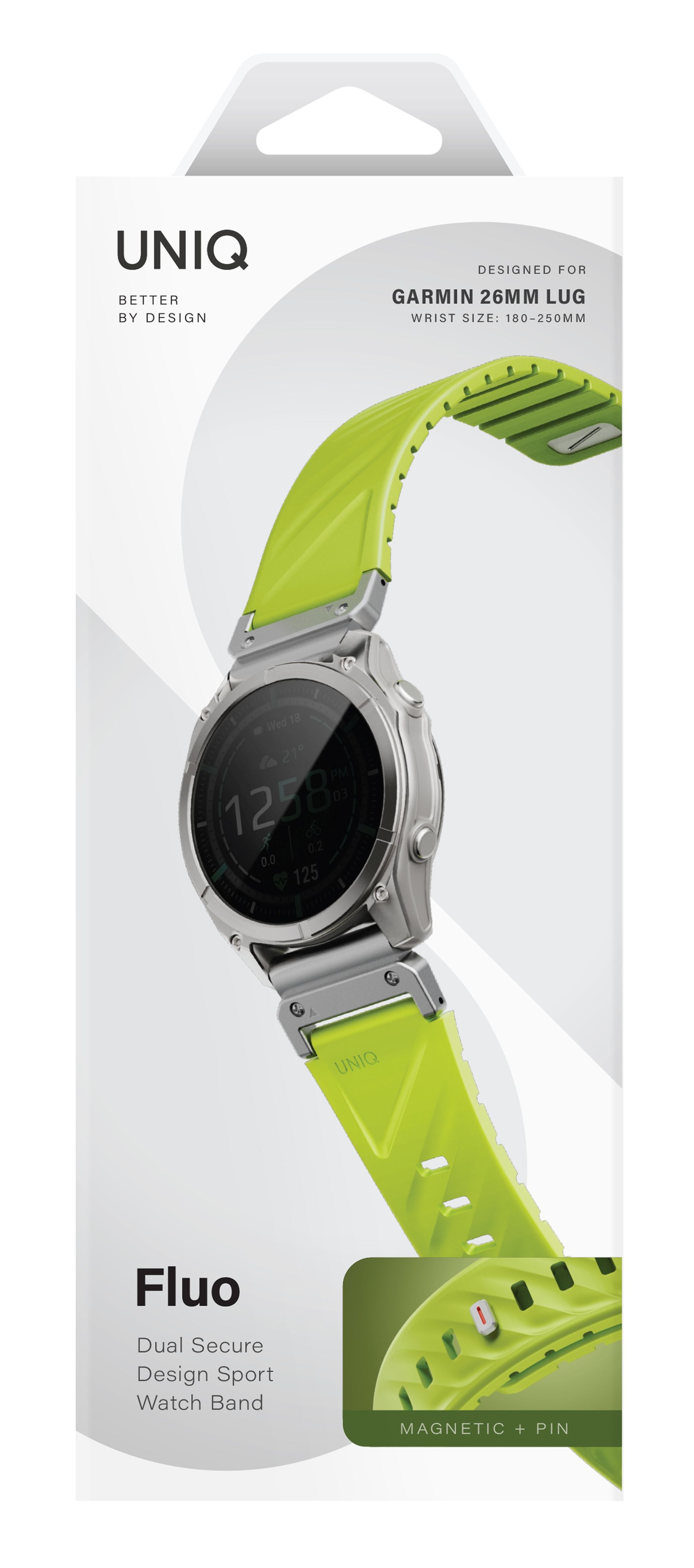 Srebrny zegarek z zielonym paskiem UNIQ dla Garmin, 26mm, nadgarstek 180-250mm.