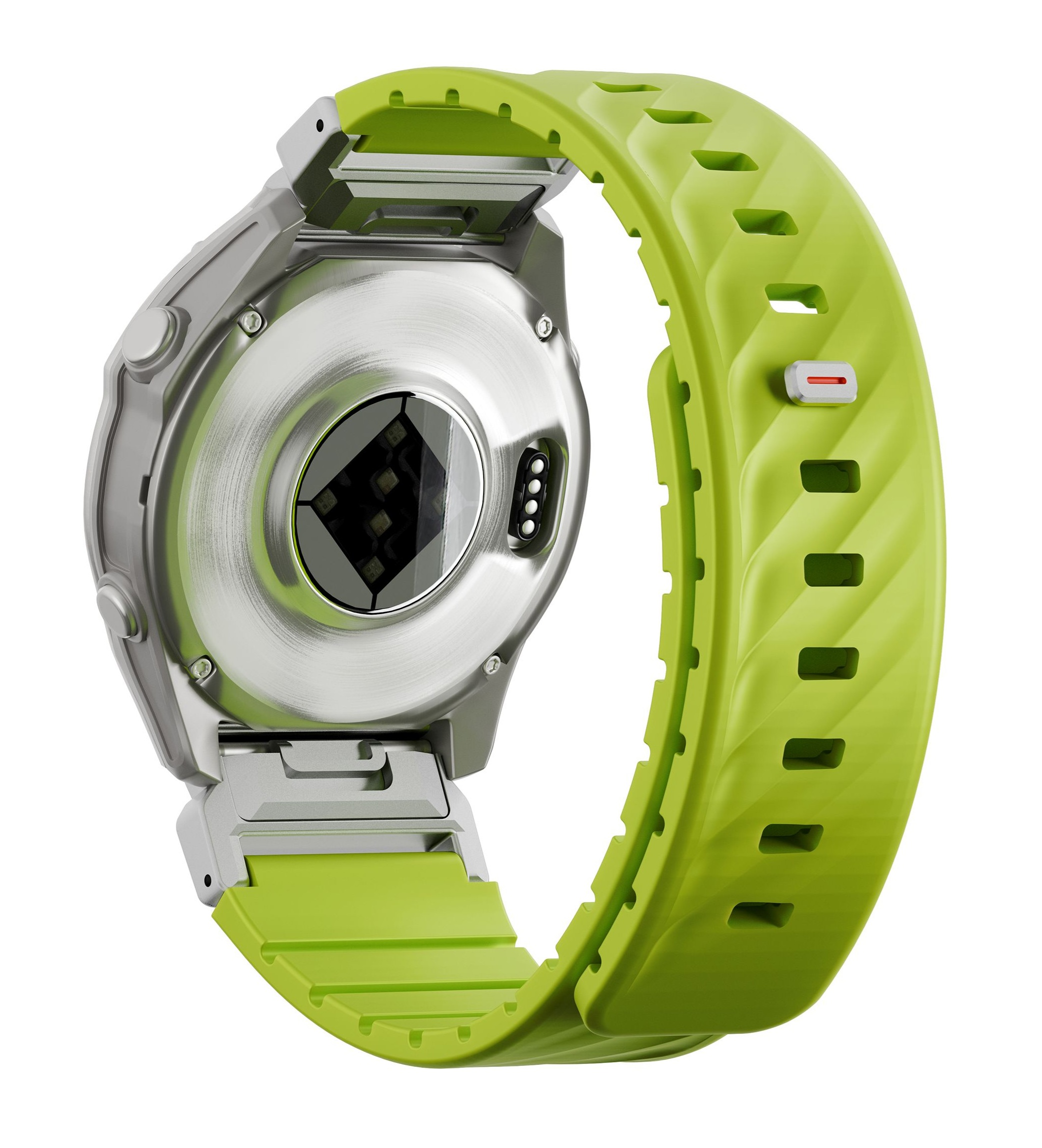 Tył zielonego smartwatcha z czujnikiem tętna i srebrną obudową.