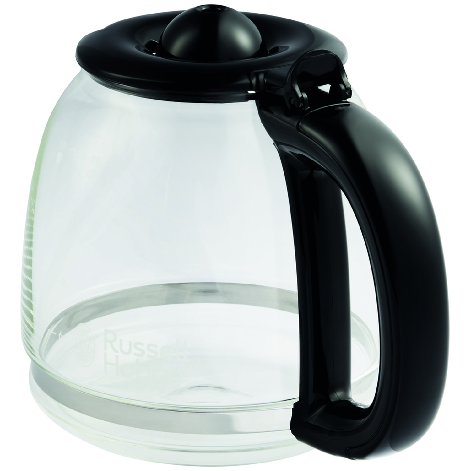 Transparante glazen koffiekan met zwart handvat en deksel, met maatstreepjes.