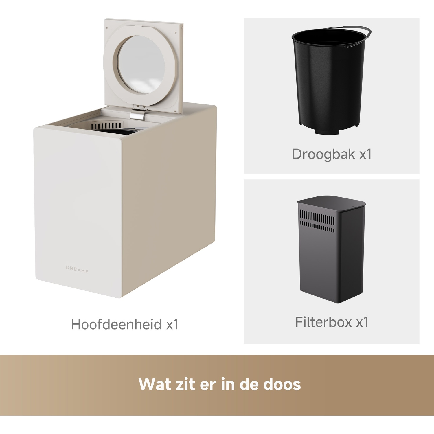 A white main unit with an open lid, next to it a black bin and a gray filter box.