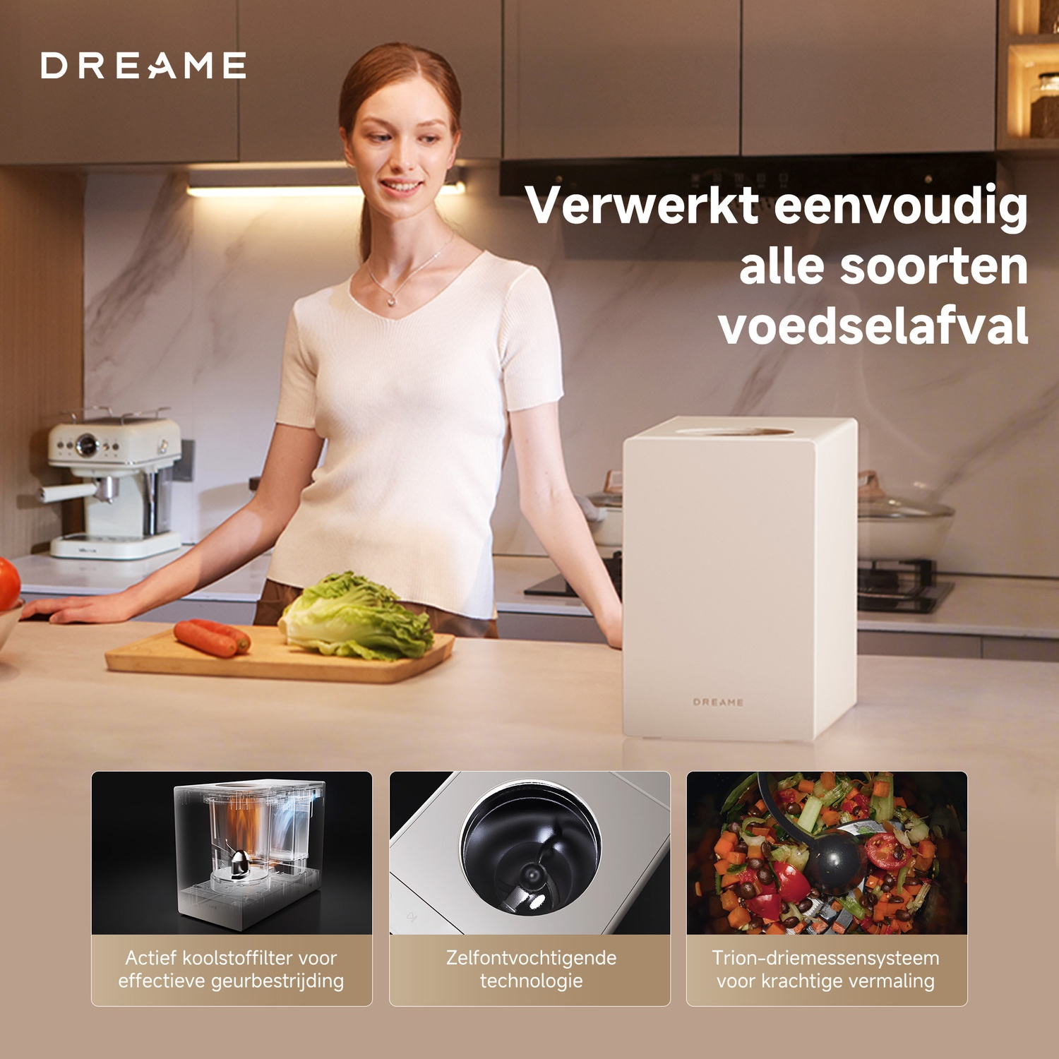 A woman stands in a kitchen next to a white appliance. Three images are shown below.