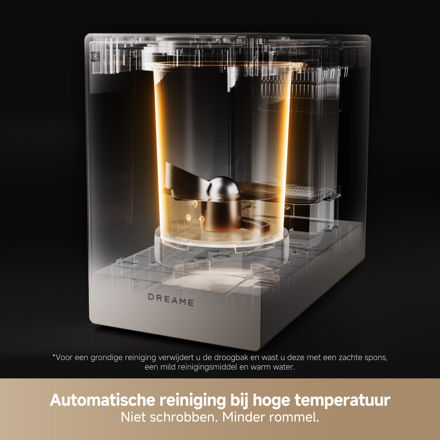 A transparent container with a rotating part and golden light inside.