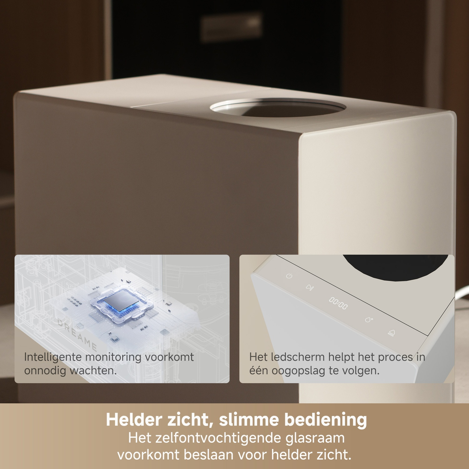 A white device with two insets: a chip and an LED display. Text in Dutch.