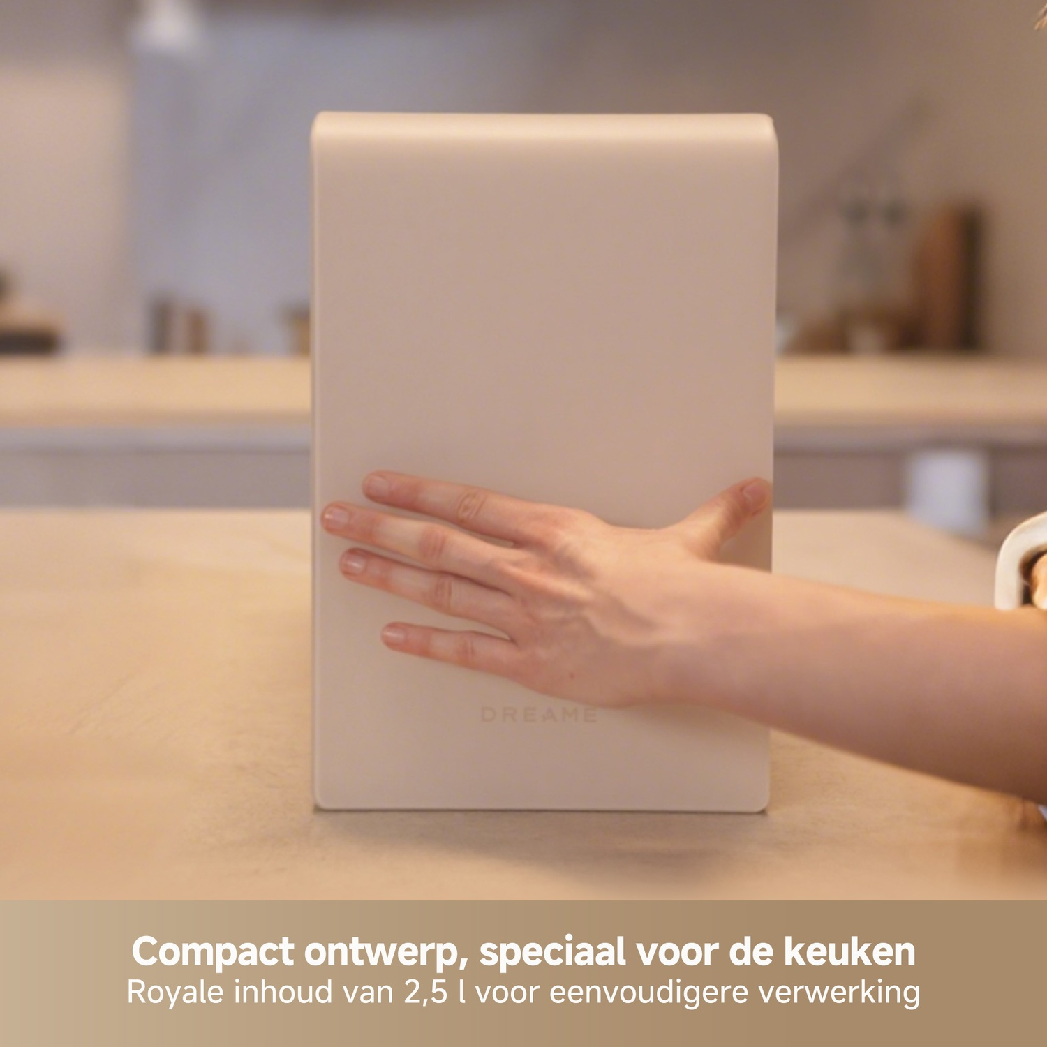 A hand touches a beige appliance on a kitchen counter.
