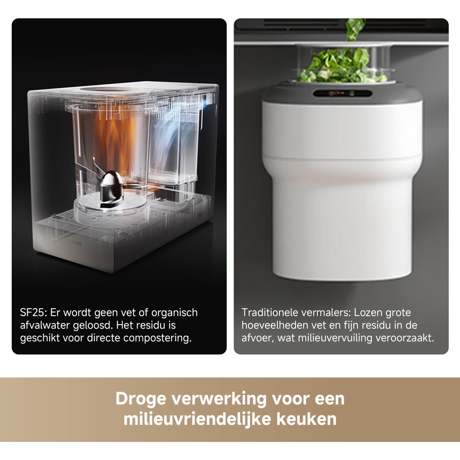 Two kitchen appliances: a transparent composter and a white bin with greens.