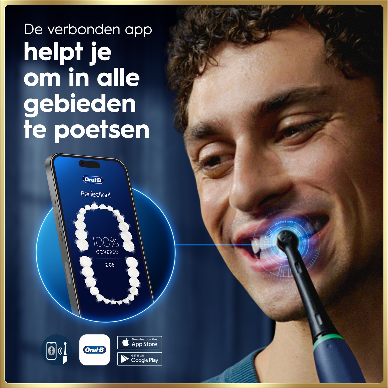 Homme se brosse les dents avec l'appli Oral-B montrant 100% de couverture.