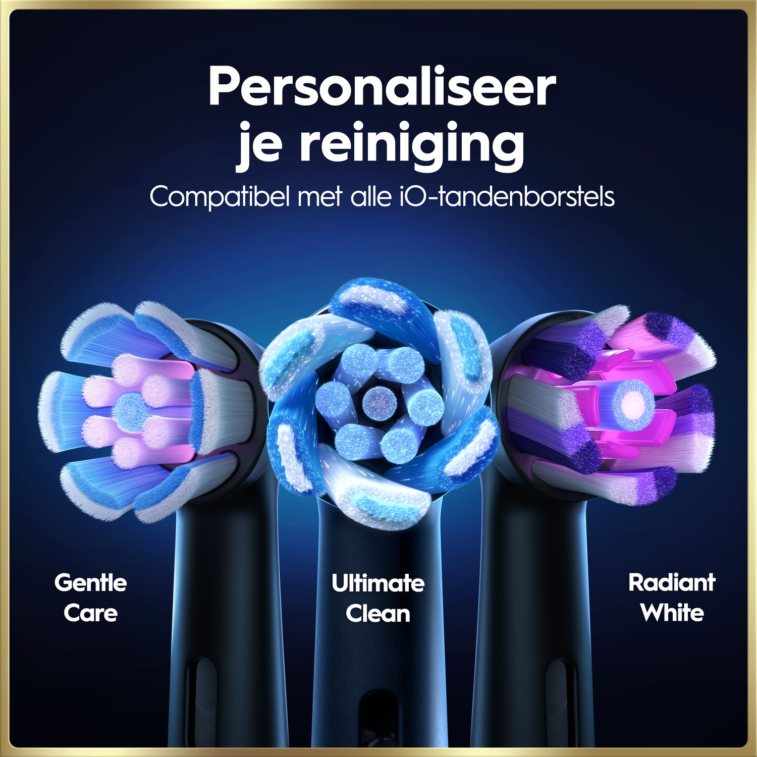 Trois têtes de brosse à dents électriques : Soin Doux, Nettoyage Ultime, Blanc Radieux.
