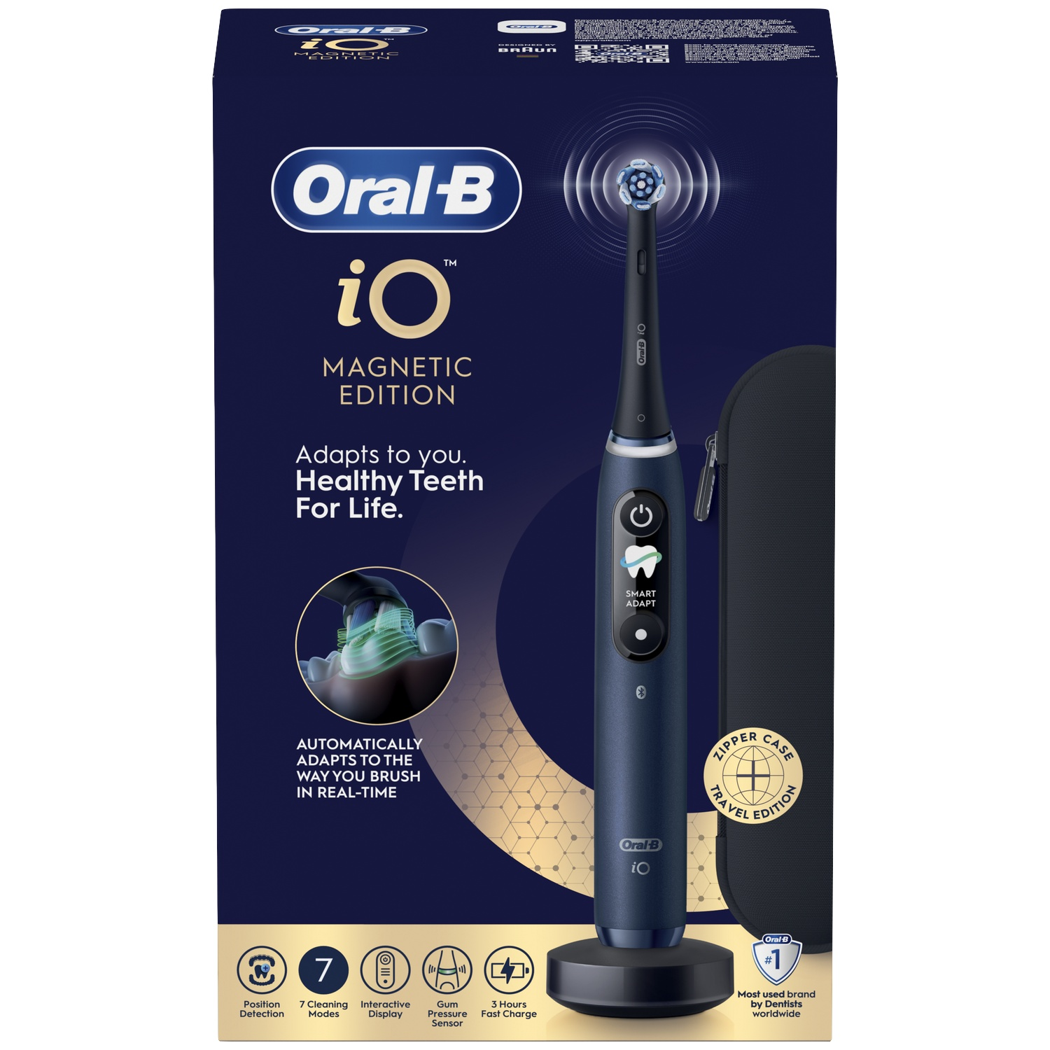 Emballage d'une brosse à dents bleue foncée Oral-B iO Édition Magnétique avec étui.