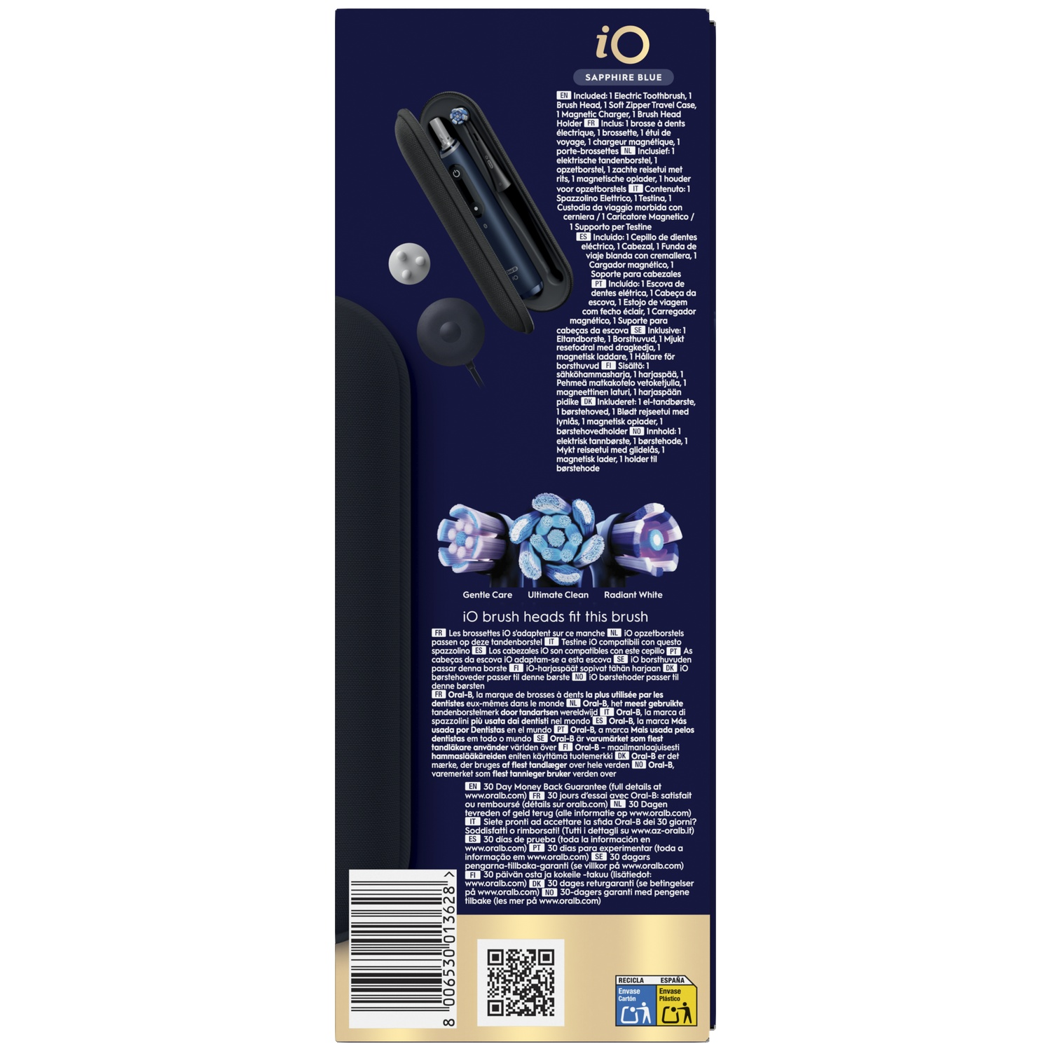 Ensemble de brosse à dents électrique bleu foncé avec étui, chargeur et têtes de brosse.