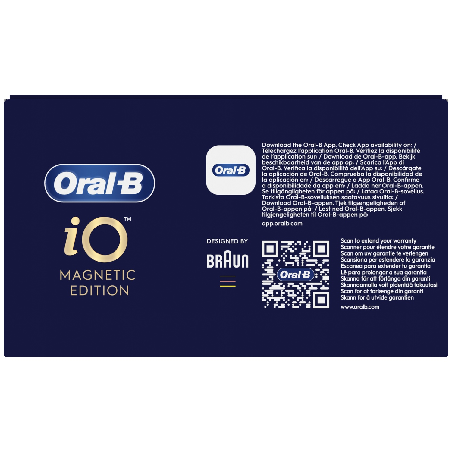 Brosse à dents Oral-B iO Édition Magnétique avec QR et texte sur l'appli et garantie.
