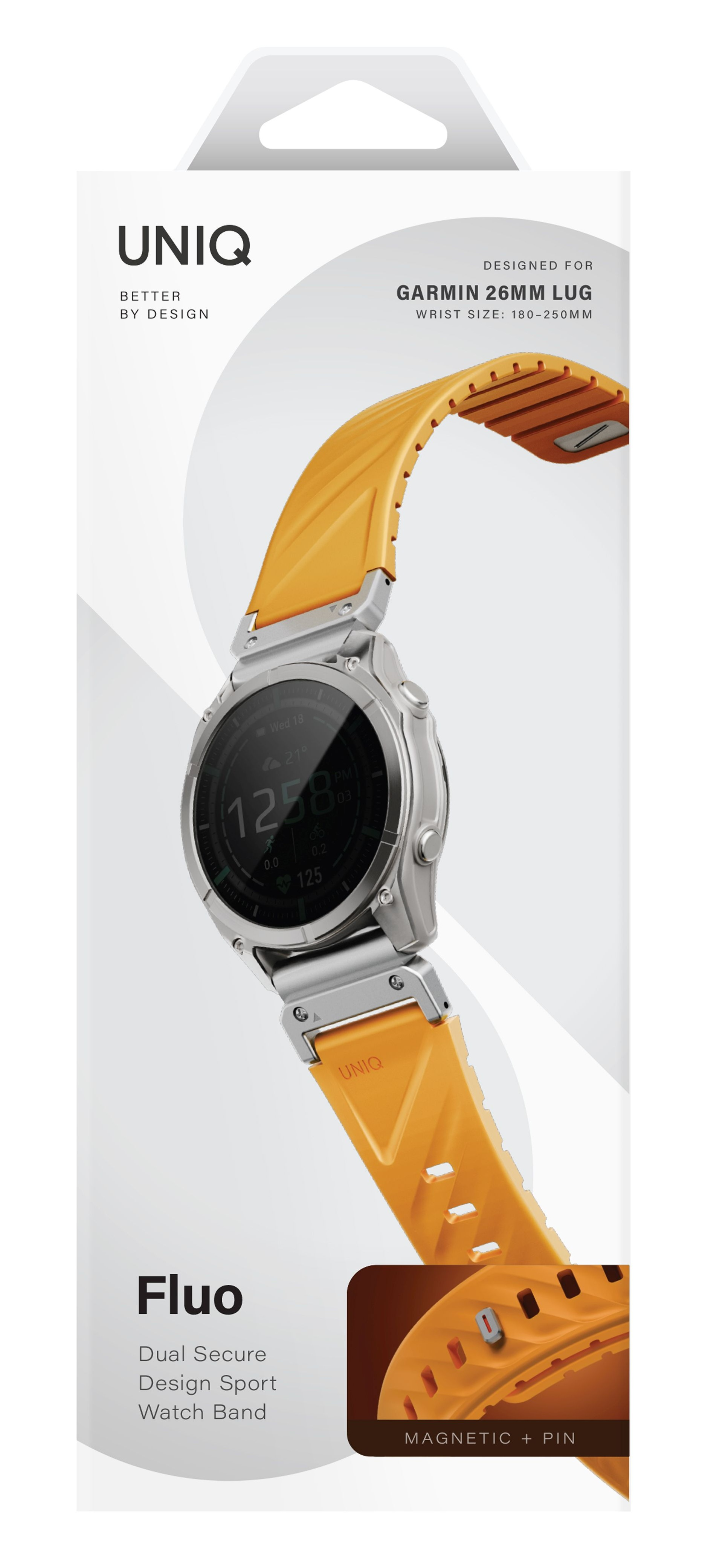 Srebrny smartwatch z pomarańczową opaską UNIQ. Tarcza zegarka wyświetla godzinę i statystyki.