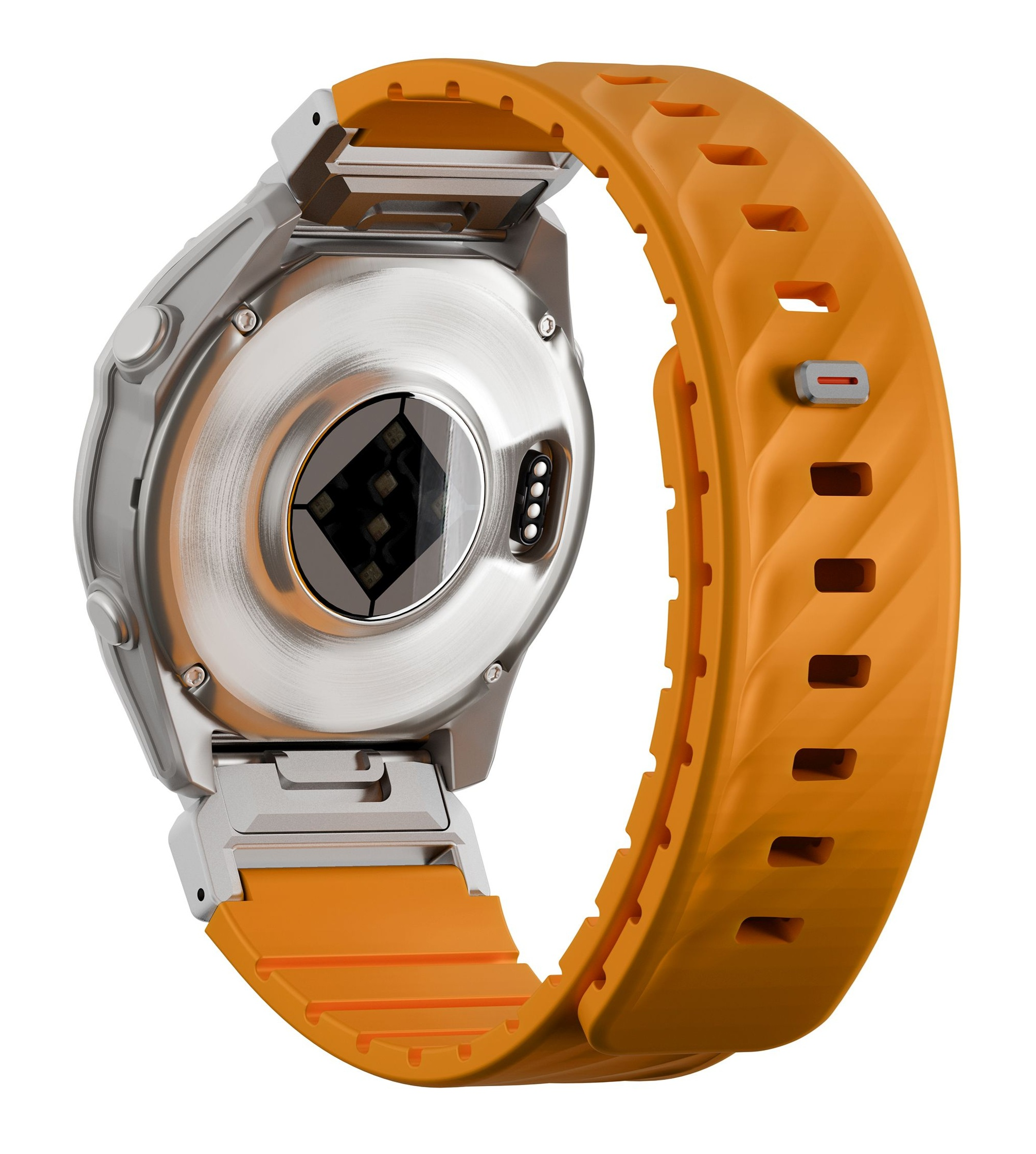 Zbliżenie tyłu smartwatcha z pomarańczowym paskiem i stykami ładowania.