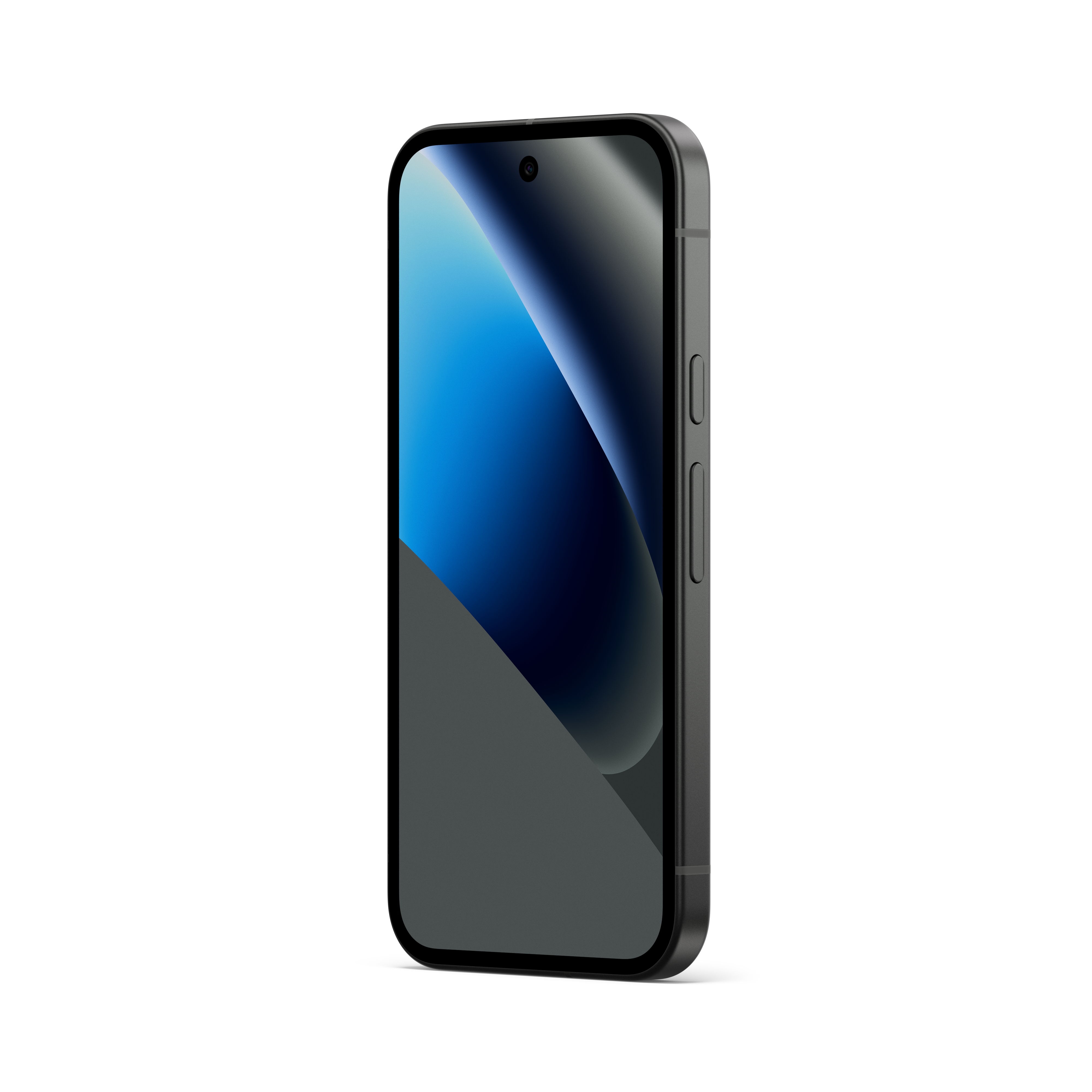 Ein schwarzes Smartphone mit einem blauen und grauen Hintergrundbild.
