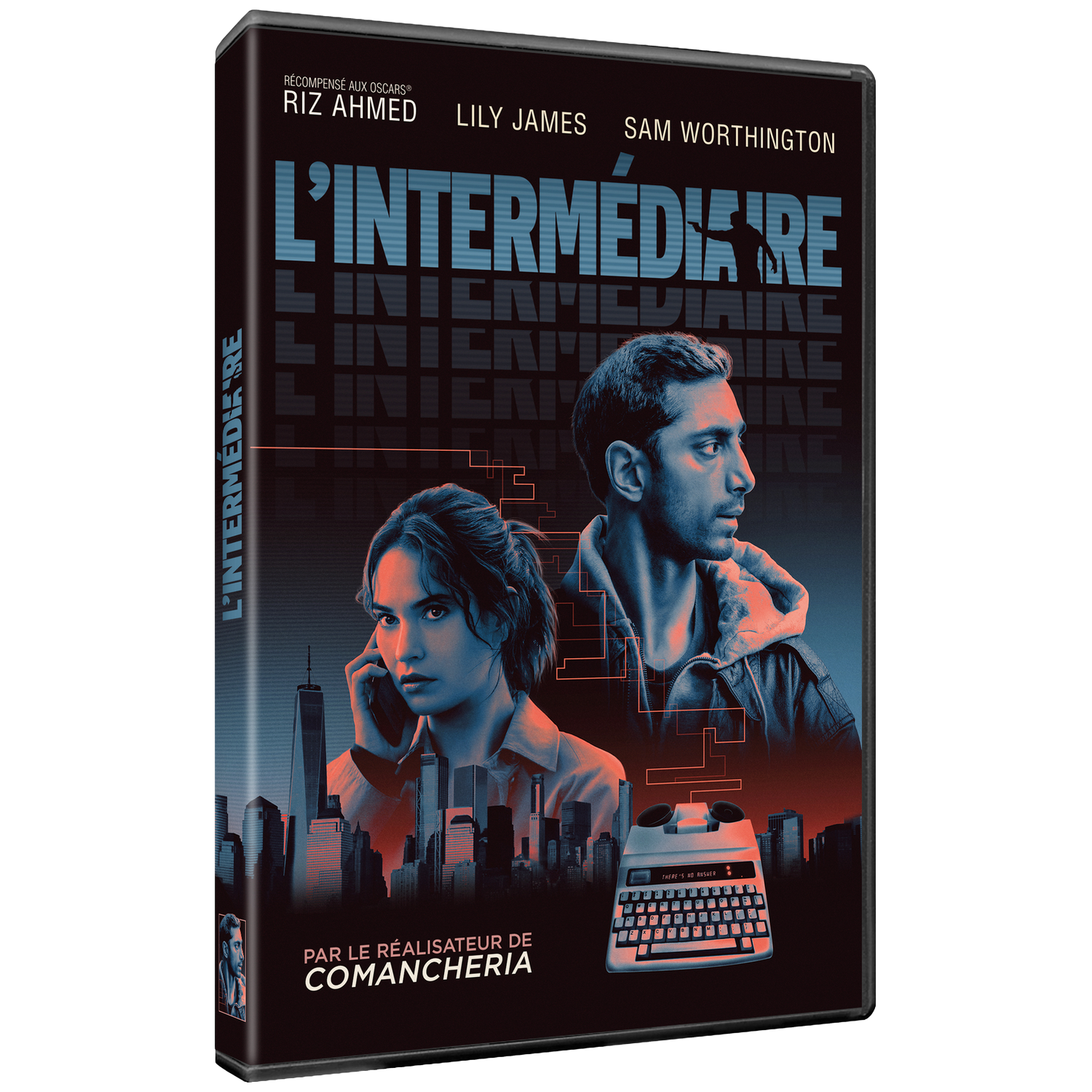 Filmover met Riz Ahmed en Lily James tegen New York skyline en typemachine.