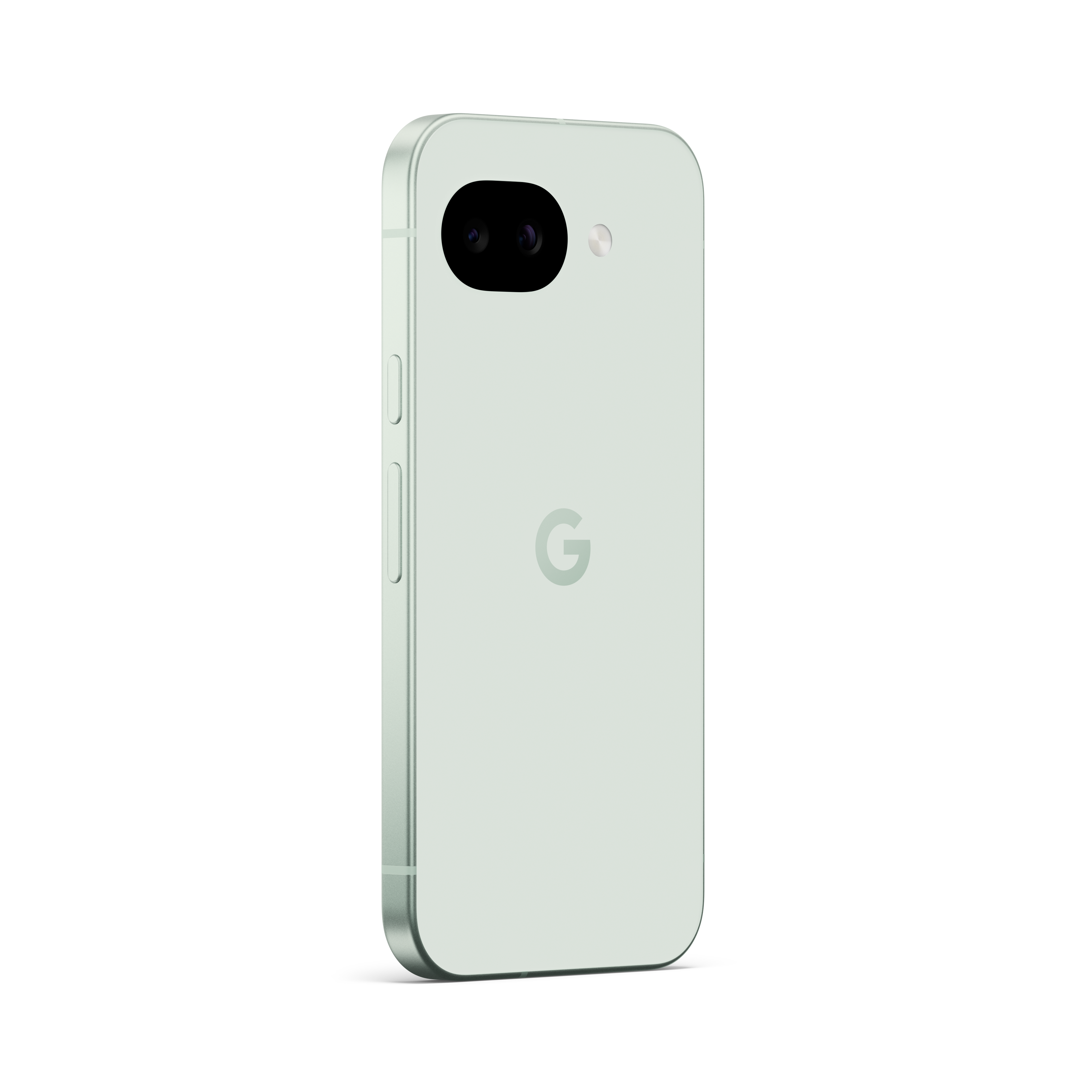 Ein hellgrünes Google Pixel Smartphone mit Doppelrückkamera und Google-Logo.