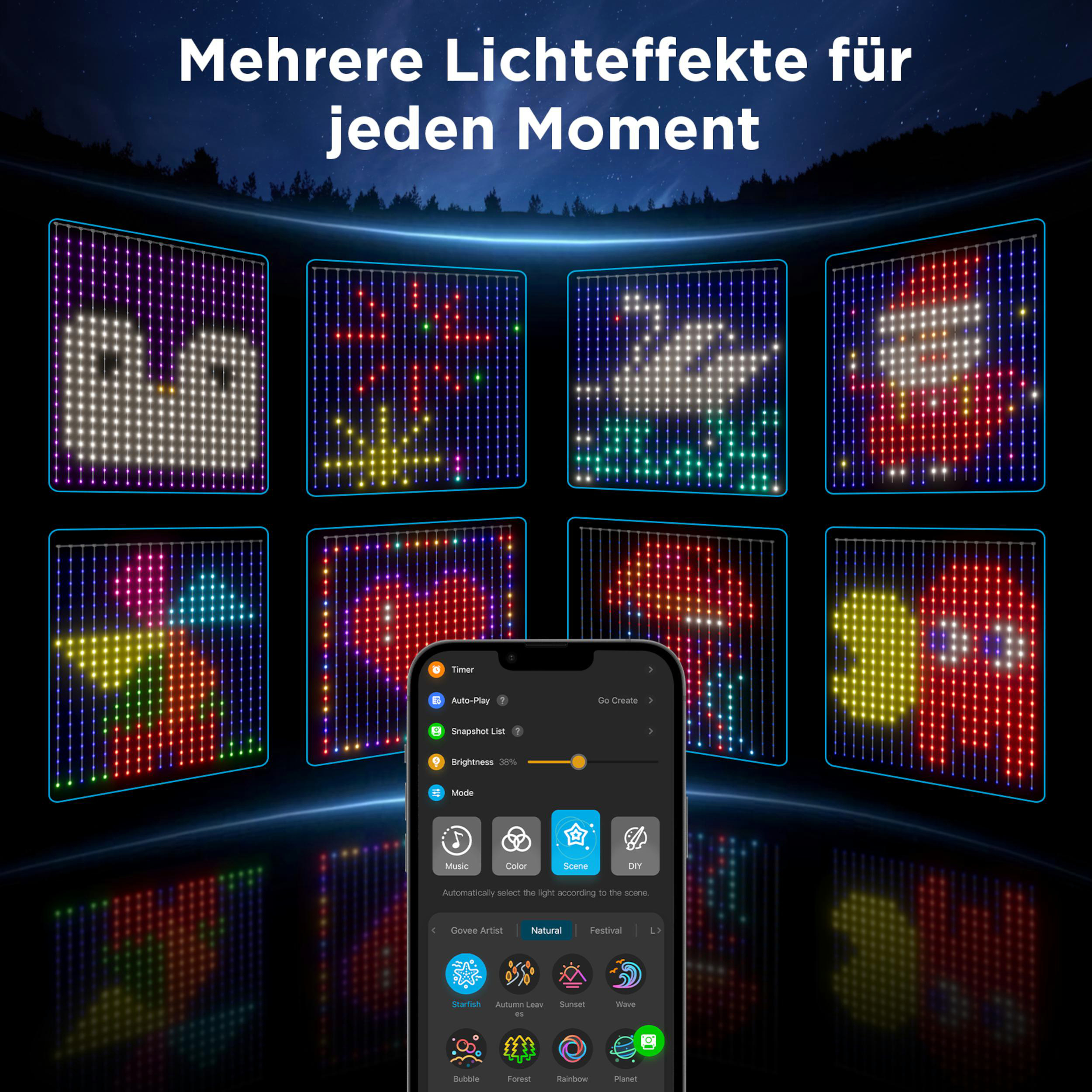 Verschiedene LED-Displays zeigen bunte Muster wie Pinguin, Schwan, Weihnachtsmann und Pac-Man.