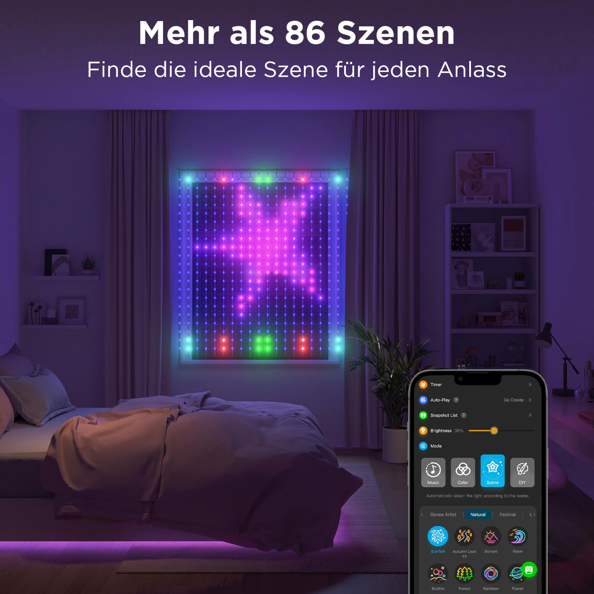 Ein Schlafzimmer mit einer Lichterkette vor dem Fenster und einer App-Steuerung.