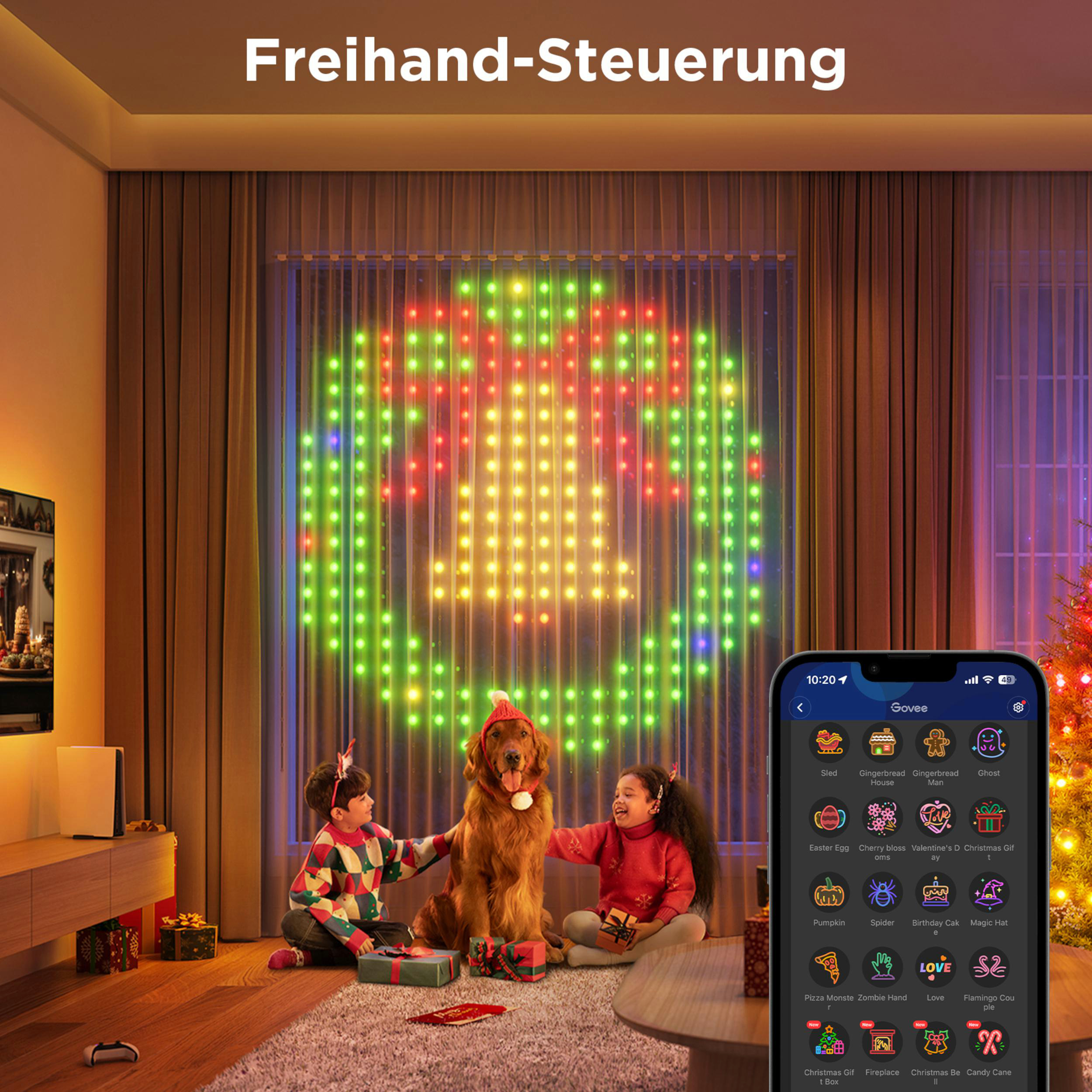 Kinder und Hund sitzen vor Lichterkette, Handy mit App sichtbar.