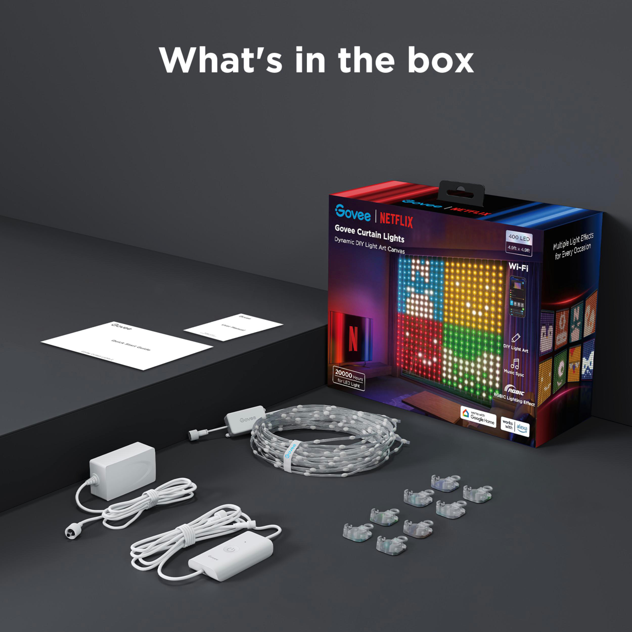 Der Inhalt der Box: Govee Curtain Lights, Netzteil, Kabel, Controller und Clips.