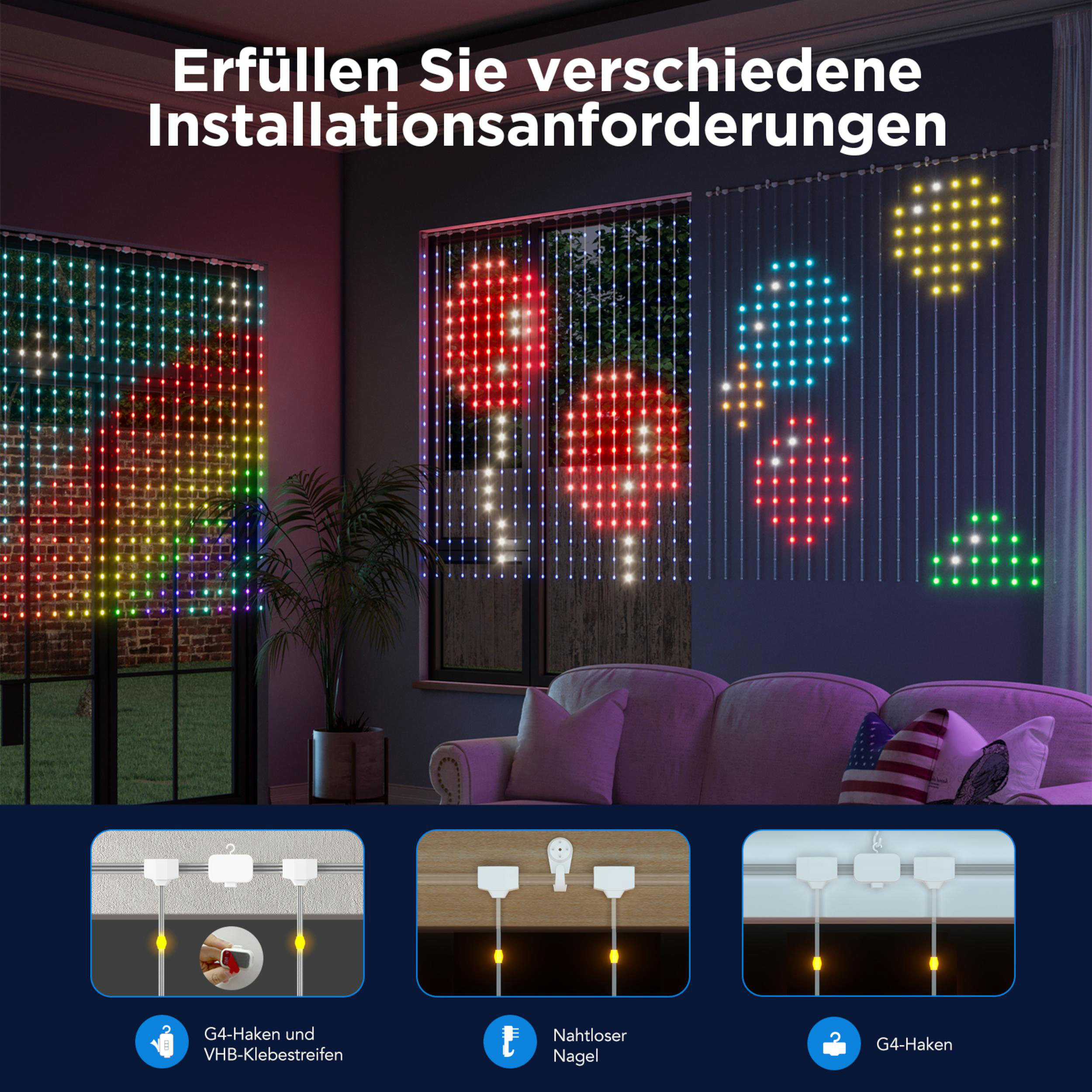 LED-Lichterketten in verschiedenen Formen und Farben beleuchten ein Fenster und eine Couch.