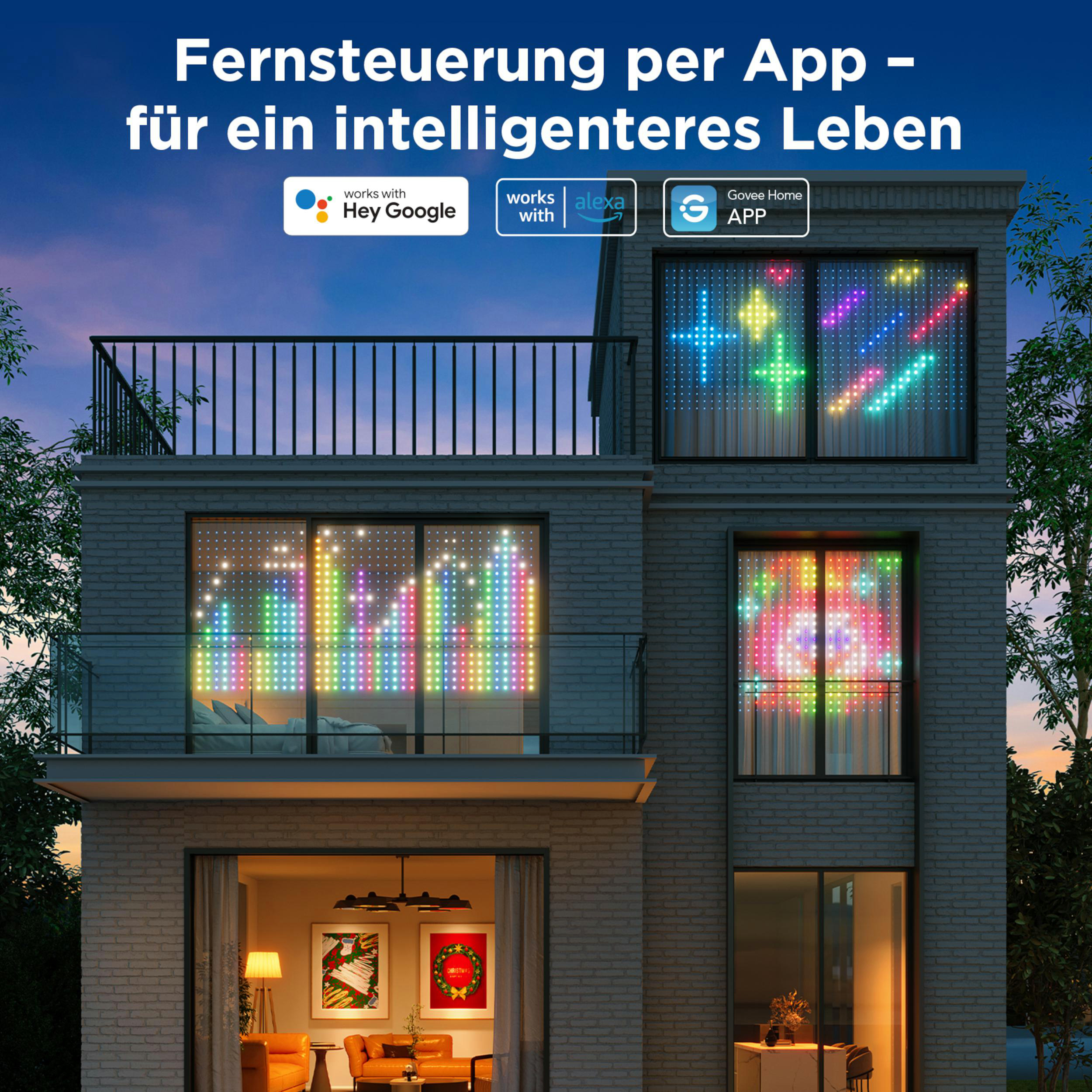 Hausfassade mit bunten LED-Mustern in Fenstern, Logo von Google, Alexa, Govee.