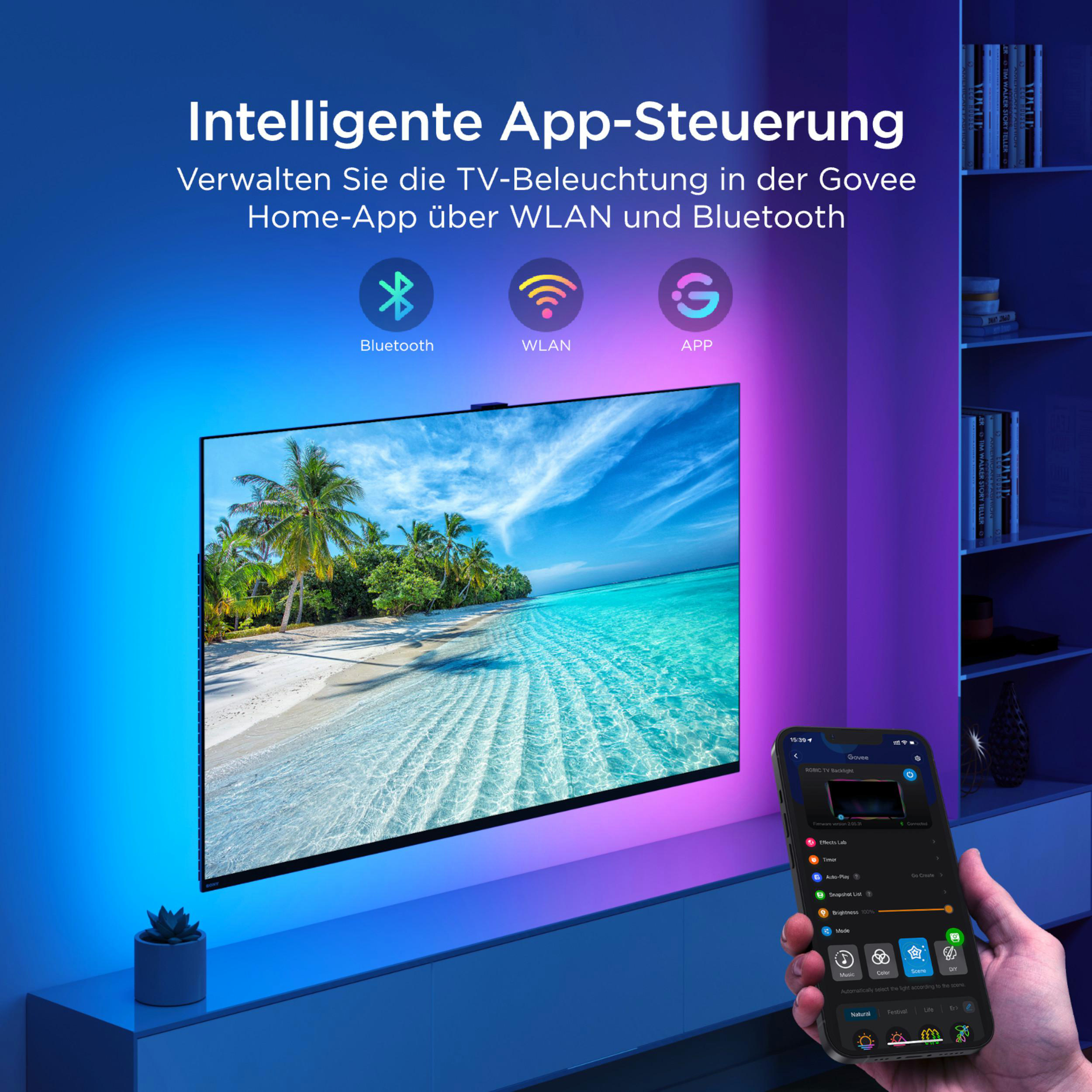 Intelligente TV-Beleuchtung mit App-Steuerung über WLAN/Bluetooth.