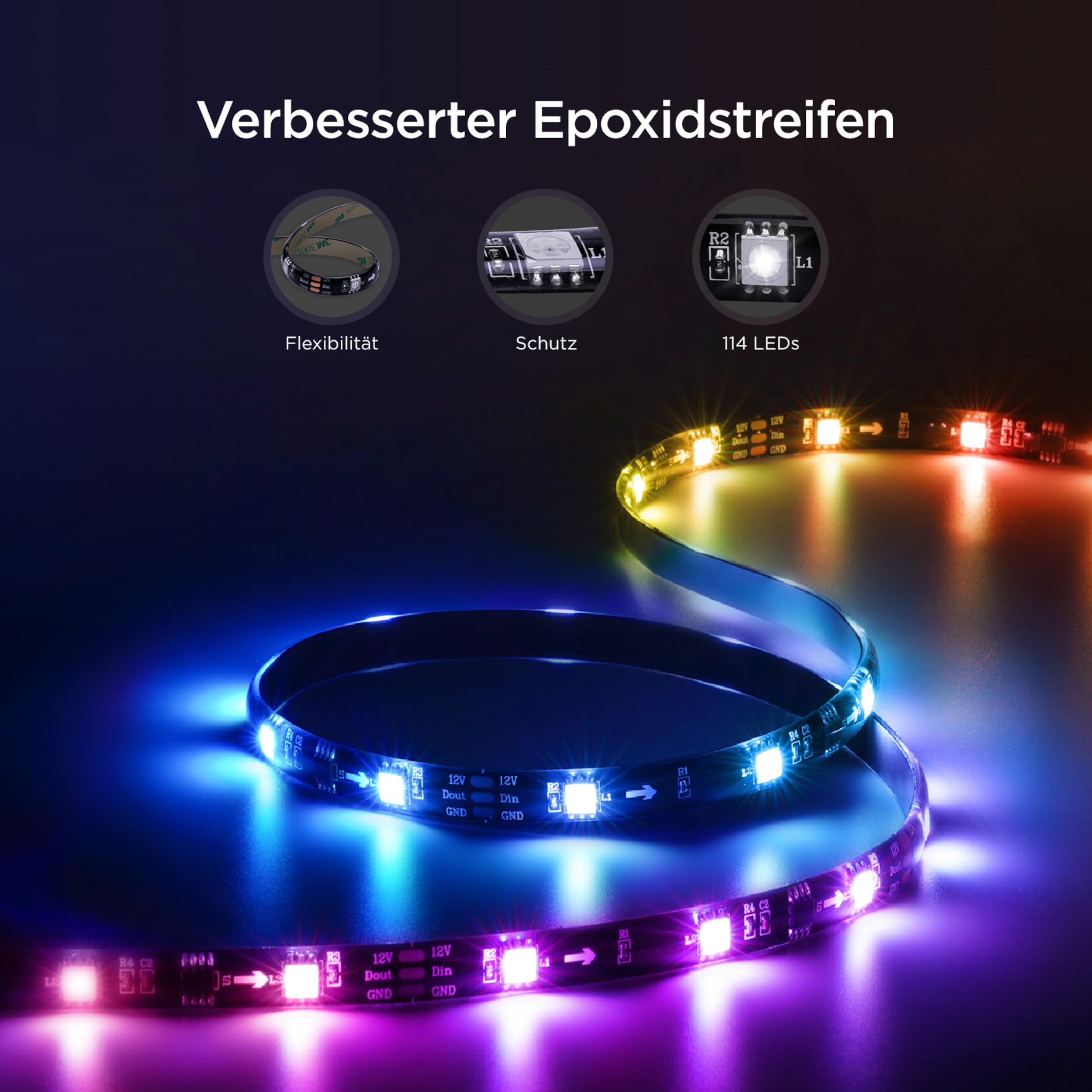 Ein flexibler LED-Streifen mit blauen und pinken Lichtern auf dunklem Hintergrund.