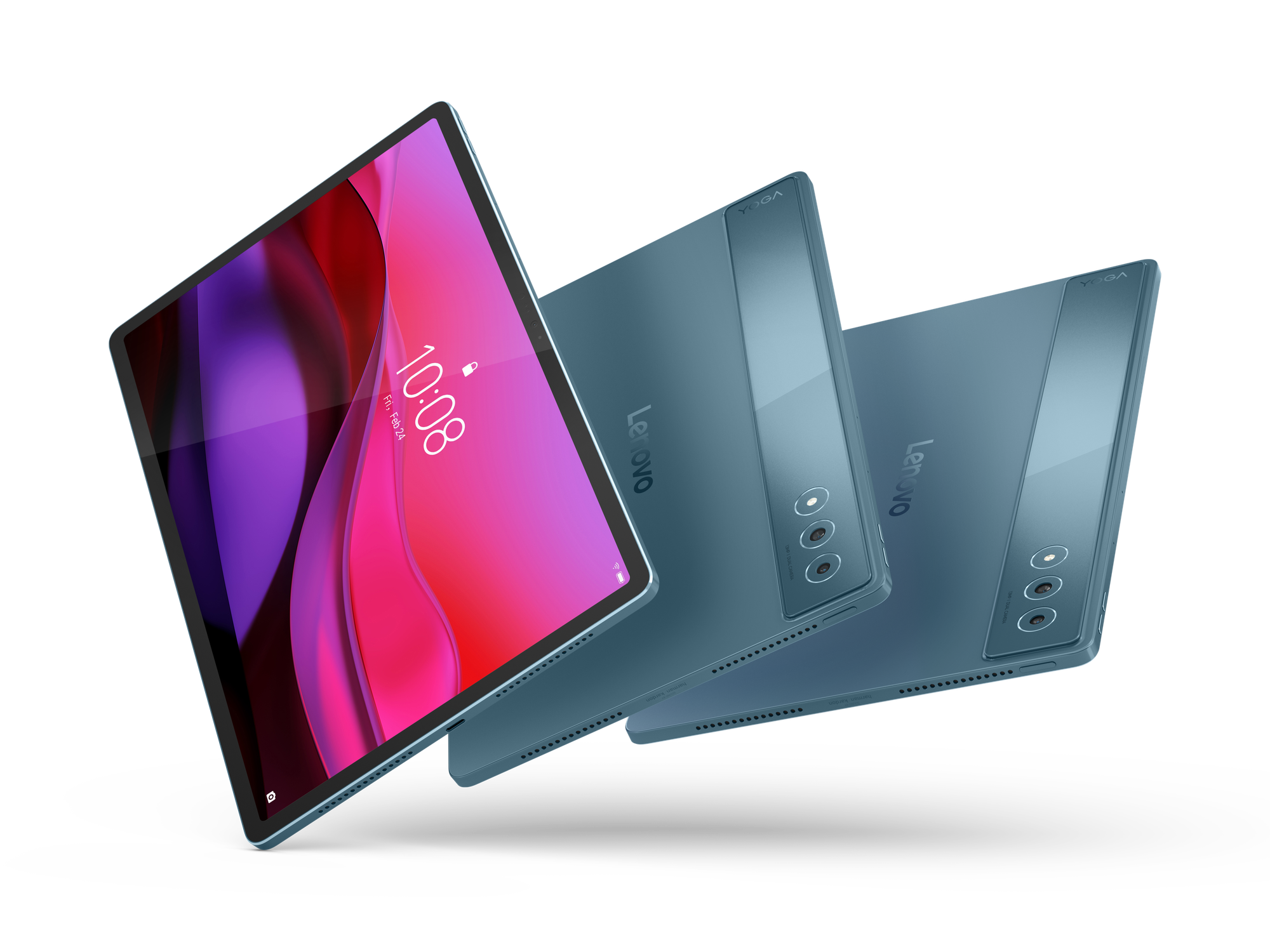 Trzy niebieskie tablety Lenovo Yoga z różowo-fioletową tapetą na czarnym tle.
