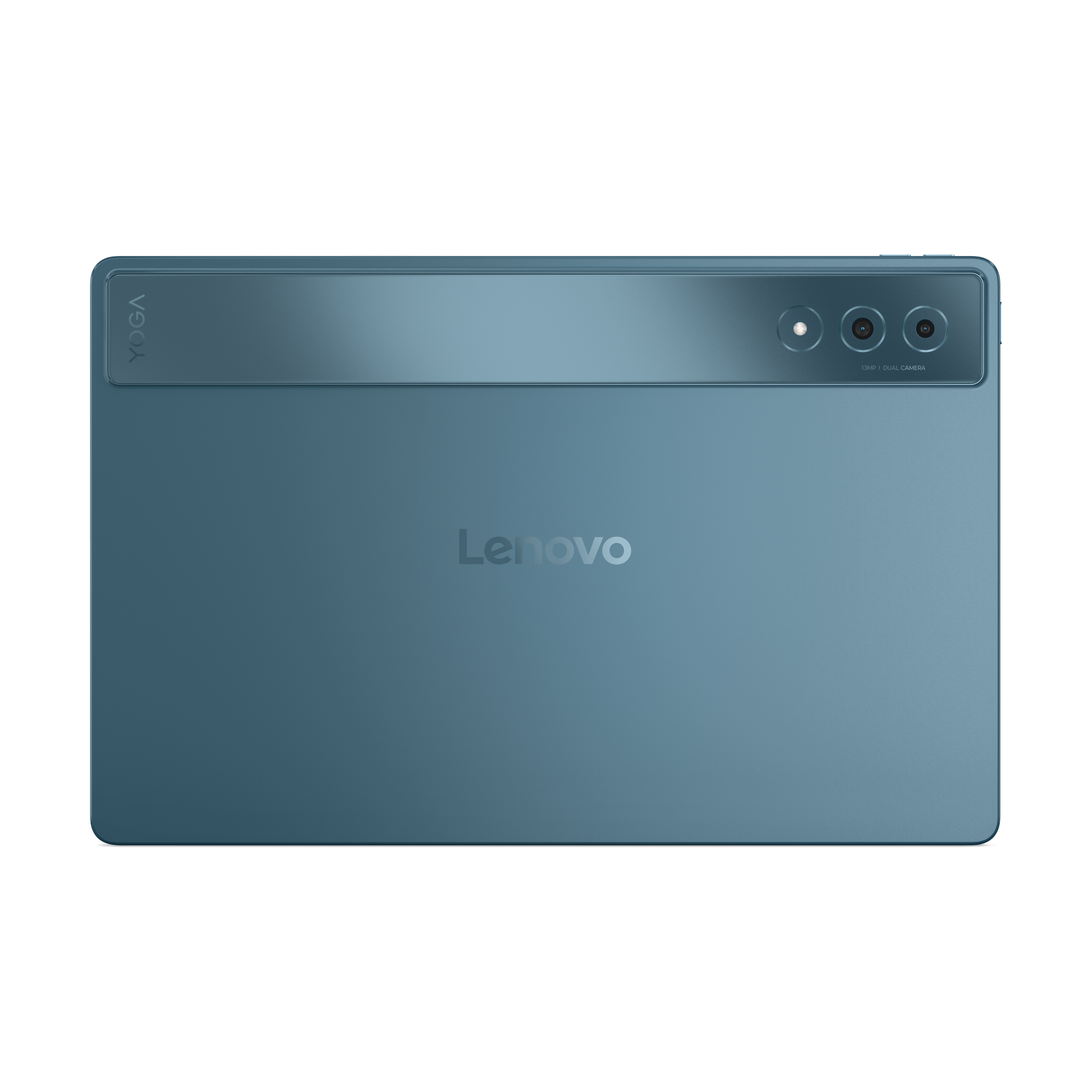 Tył niebieskiego tabletu Lenovo z logo YOGA i podwójnym aparatem.