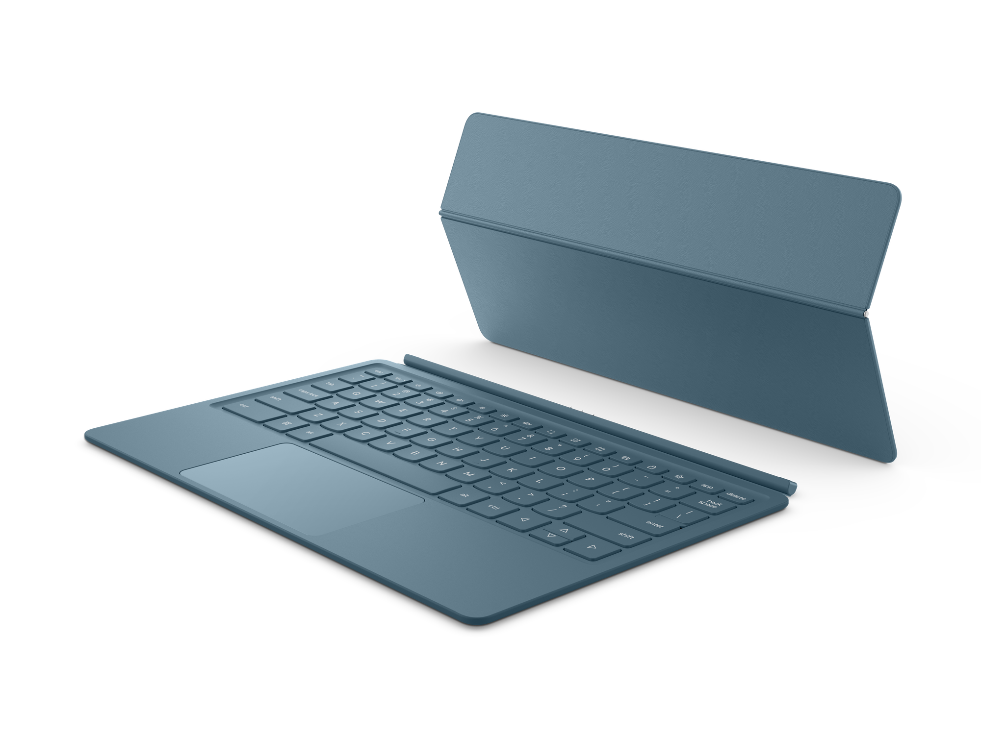 Niebieska klawiatura i stojący ekran na czarnym tle.