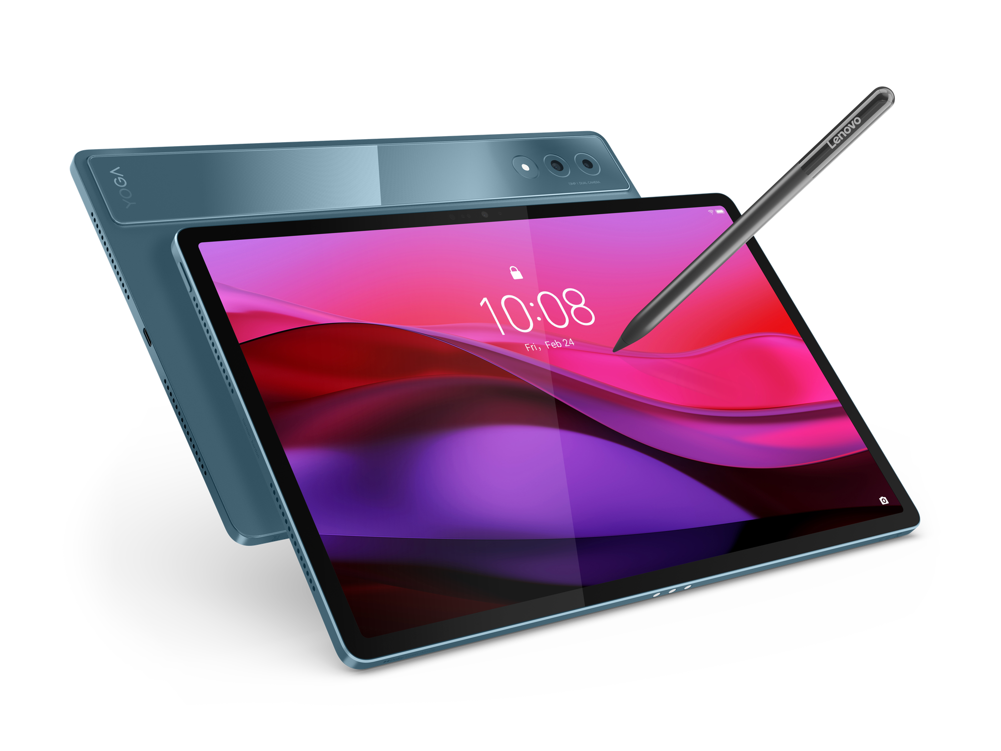 Niebieski tablet Lenovo Yoga ze stylusem spoczywa na ekranie.