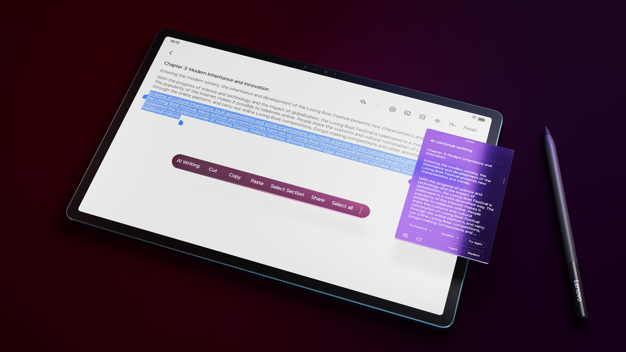 Tablet wyświetla tekst o Festiwalu Smoczych Łodzi z asystentem pisania AI.