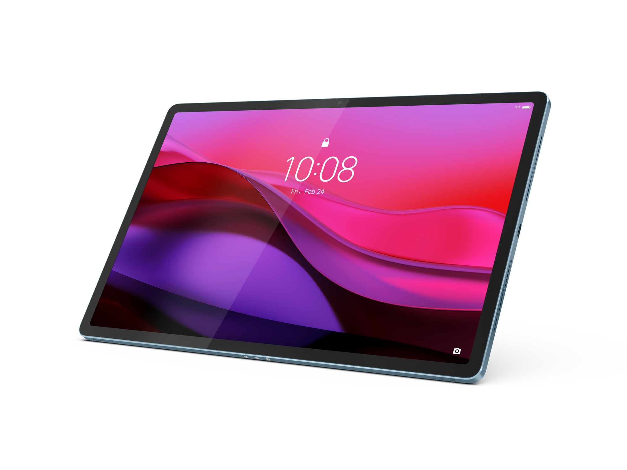 Nowoczesny tablet z tealową ramką wyświetla ekran blokady z godziną 10:08.