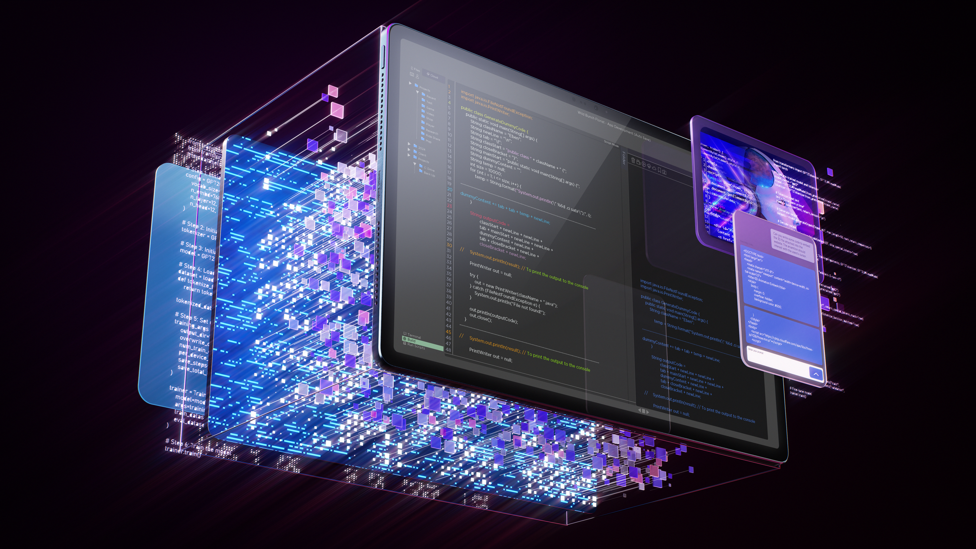 Laptop wyświetla kod; przed nim świeci strumień danych.