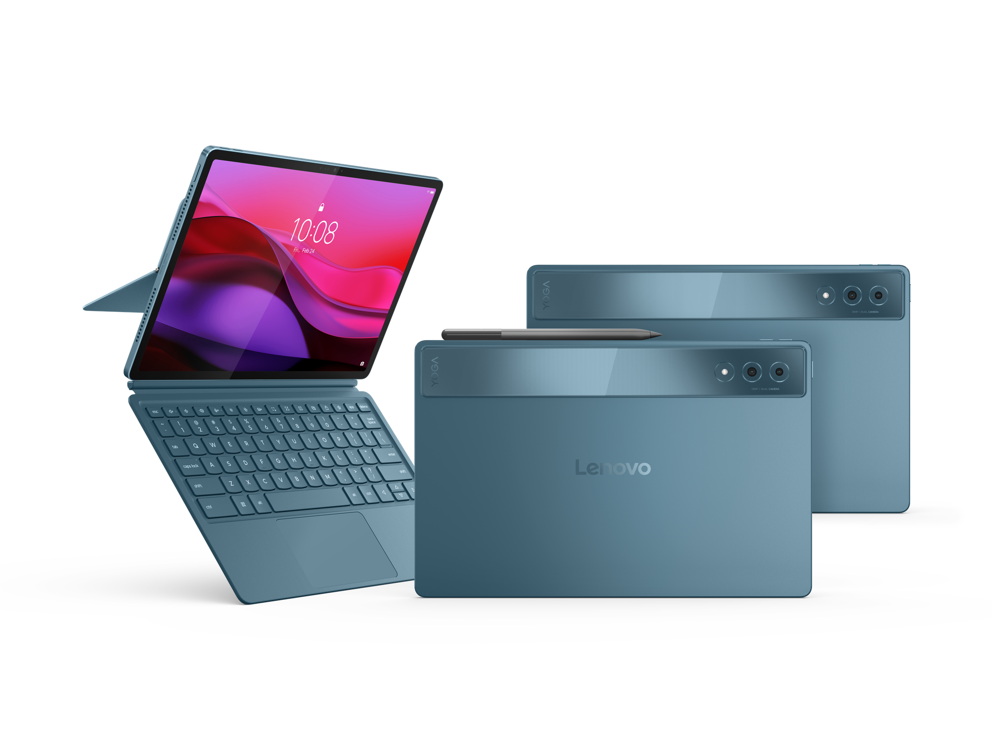 Niebieski tablet Lenovo Yoga z klawiaturą i rysikiem. Dwa inne tablety w tle.